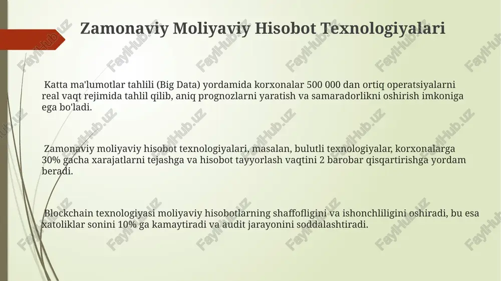 ffofligi, soliq organlari bilan hamkorlikni yaxshilash va soliq to'lovlarining o'z vaqtida to'lanishini ta'minlash orqali, davlat byudjetining daromadlarini 10% ga oshirishga yordam beradi. moliyaviy hisobotning asosiy tushunchalari toza foyda hisoblashda daromad va xarajatlarning 5 ta asosiy turini tahlil qilish, masalan, sotishdan tushgan daromad, xomashyo xarajatlari, ish haqi va boshqalar muhimdir. moliyaviy hisobotlar korxona faoliyatining 1 yillik yoki choraklik natijalarini aks ettiradi, aktivlar, majburiyatlar va egalik kapitali kabi asosiy moliyaviy holat ko'rsatkichlarini o'z ichiga oladi. hisobot tuzishda gaap (generally accepted accounting principles) yoki ifrs (international financial reporting standards) standartlariga rioya qilish juda muhim bo'lib, bu aniq va ishonchli ma'lumotlarni ta'minlaydi. masalan, aktivlarni baholashda 1-usul yoki 2-usul qo'llanilishi hisobotga ta'sir qiladi. pul oqimining hisobi to'g'ridan-to'g'ri usulda pul oqimining hisobi tayyorlashda 1-bosqichda operatsion faoliyatdan olingan sof daromad aniqlanadi va keyinchalik to'g'ridan-to'g'ri usul yordamida hisoblanadi. bilvosita usulda pul oqimining hisobi tayyorlashda sof foydadan boshlanadi va keyin 20% atrofida bo'lishi mumkin bo'lgan amortatsiya va boshqa tuzatish …