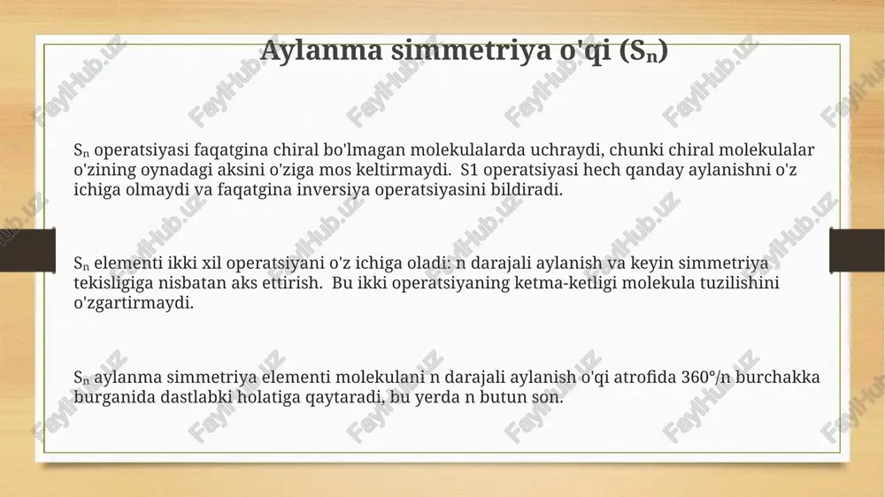 imcha 3 ta perpendikulyar ikkilik o'q va 6 ta simmetriya tekisligiga ega. th guruhi, t guruhiga nisbatan pastroq simmetriyaga ega bo'lib, u ikkilik o'qlar va teskari simmetriya elementlarini o'z ichiga oladi, bu esa molekulaning umumiy simmetriya darajasini pasaytiradi. molekulaning simmetriya guruhi aniqlash c n aylanish o'qi atrofida n marta aylantirganda molekula o'ziga mos keladigan bo'lsa, molekulaning simmetriya guruhi c n yoki undan yuqori tartibli simmetriya guruhiga tegishli bo'ladi. masalan, c 3 guruhi 120 graduslik aylanish simmetriyasiga ega. molekulalarning simmetriya guruhlarini aniqlashda 32 ta nuqta guruhlari mavjud bo'lib, ular molekulalarning simmetriya elementlari (aylanish o'qlari, simmetriya tekisliklari, inversiya markazi) kombinatsiyasi bilan belgilanadi. molekulaning simmetriya guruhi uning fizik-kimyoviy xossalarini, masalan, dipol momenti va spektroskopik xususiyatlarini aniqlashda muhim rol o'ynaydi. d 4h kabi yuqori simmetriyali guruhlarga ega bo'lgan molekulalar maxsus xossalarga ega bo'ladi. dₙh guruhlari dₙh guruhlari n butun soni bilan belgilanadi va n=2 bo'lganda d₂h, n=3 bo'lganda d₃h kabi guruhlar hosil bo'ladi, har …