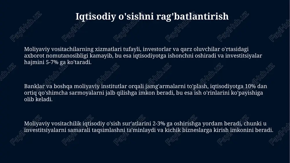 cha bo'lgan investitsion portfelning volatillligini pasaytirishga yordam beradi, natijada makroiqtisodiy shoklarning salbiy ta'sirini kamaytiradi. moliyaviy vositachilik iqtisodiyotdagi 20% gacha bo'lgan inflyatsiyani kamaytirishga va makroiqtisodiy barqarorlikni ta'minlashga yordam beradi, shu bilan birga kreditlarning samarali taqsimlanishini ta'minlaydi. banklar va boshqa moliyaviy muassasalar orqali mablag'larni qayta taqsimlash iqtisodiy o'sishning 5-10% gacha oshishiga olib kelishi mumkin, bu esa makroiqtisodiy barqarorlikni sezilarli darajada yaxshilaydi. moliyaviy vositachilikning afzalliklari moliyaviy vositachilik, 500 dan ortiq turli xil moliyaviy asboblarni taklif qilib, investorlarga o'z ehtiyojlariga mos variantlarni tanlash imkoniyatini beradi. moliyaviy vositachilik, kichik bizneslarga 10% gacha past foiz stavkalari bilan kredit olish imkonini berib, ularning rivojlanishiga sezilarli hissa qo'shadi. vositachilar orqali investitsiyalarni diversifikatsiya qilish, xavfni 20-30% ga kamaytirib, sarmoyadorlarning daromadliligini oshiradi. bozor samaradorligini oshirish kichik va o'rta biznes sub'ektlariga 5% dan past foiz stavkalari bilan kreditlarni jalb qilish imkoniyatini yaratib, ularning bozorga kirishini osonlashtiradi. bozor likvidligini 20% ga oshirish orqali, aktivlarni tez va samarali sotish va sotib olish imkoniyatini …