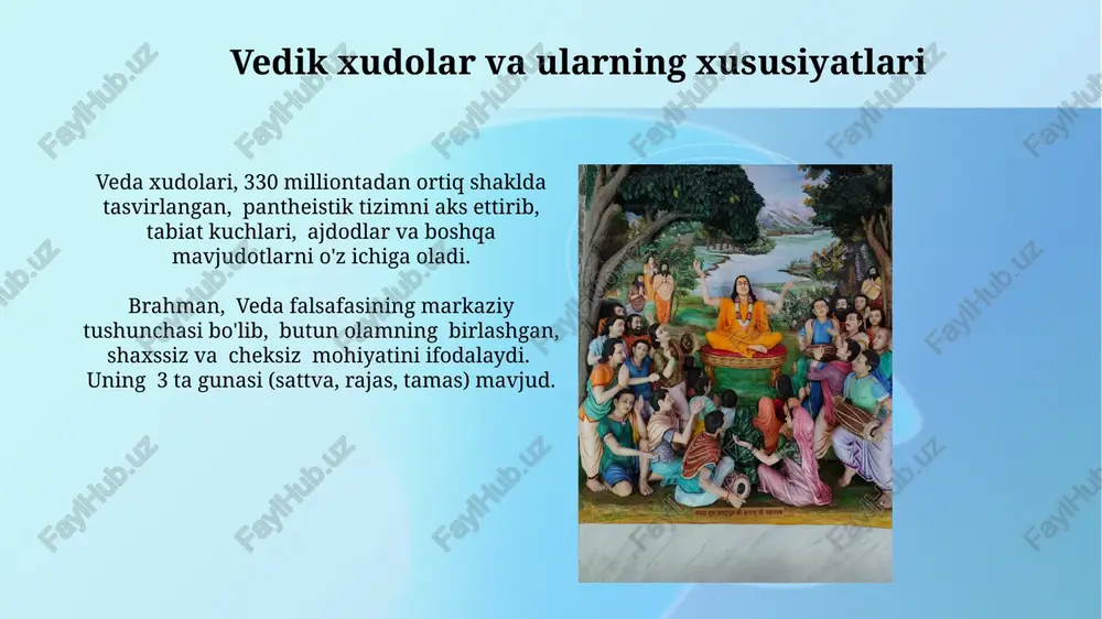 ga va mehnat unumdorligini oshirishga yordam bergan, natijada ijtimoiy taraqqiyotga ijobiy ta’sir koʻrsatgan. mokshaga erishish yo'llari vedik dinidagi 4 ta maqsaddan (dxarma, artxa, kama, moksha) moksha eng oliy maqsad bo'lib, uning 8 ta yo'li (ashtanga yoga) orqali erishish mumkin. mokshaga erishish uchun 3 ta asosiy yo'l ko'rsatiladi: karma yoga (amaliy harakatlar orqali), bxakti yoga (muhabbat va ibodat orqali) va gyana yoga (bilish va anglash orqali). vedik axloq va adolat tushunchalari dharma (adolat) tushunchasi vedik falsafasida 3 asosiy qismdan iborat: svadharma (shaxsiy burch), dharma-samstha (ijtimoiy tartib), va dharma-yuga (kosmik tartib) bo'lib, ularning muvozanati ijtimoiy adolatni ta'minlaydi. vedik adolat tizimi karma tushunchasiga asoslanadi, unda har bir amalning oqibati borligi va 3 ta gunalar (sattva, rajas, tamas)ning inson harakatlariga ta'siri 72000 ta yogalar orqali aniqlanadi. vedik qurbonliklar va marosimlar yagna deb ataluvchi muhim qurbonlik marosimi, 12 ta bosqichdan iborat boʻlib, har bir bosqichi oʻziga xos maqsad va ramziy maʼnoga ega edi, bu kosmik …
