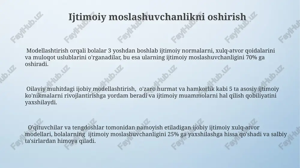 lantirish modellashtirish orqali bolalarda muammo hal qilish ko'nikmalari 2-3 barobar tez rivojlanadi, bu esa ularning mustaqil fikrlash qobiliyatini oshiradi. ta'limiy modellashtirish 3 bosqichli jarayon bo'lib, ularning har biri (namuna ko'rsatish, qo'llab-quvvatlash, mustaqil bajarish) kritik fikrlashning alohida komponentlarini rivojlantirishga xizmat qiladi. o'z-o'zini baholash va o'ziga ishonch kabi metakognitiv jarayonlarni rivojlantirishda modellashtirishning 50% dan ortiq ta'siri borligi isbotlangan. ijobiy xulq-atvorni shakllantirish salbiy xulq-atvorlarning oldini olishda (masalan, tajovuzkorlik, yolg'on gapirish) ota-onalarning o'ziga xos ijobiy xulq-atvori 4 dan 7 yoshgacha bo'lgan davrda 60% ga yaqin ta'sir kuchiga ega, bu davrda mustaqil fikrlash rivojlanadi. ijobiy xulq-atvorni shakllantirishda ota-onalarning o'rnak bo'lishi 3 yoshgacha bo'lgan davrda 70% ga yaqin ta'sir ko'rsatadi, bu davrda bolaning asosiy qadriyatlari va xulq-atvor normalari shakllanadi. ijtimoiy ko'nikmalarni rivojlantirishda, masalan, hurmat, hamkorlik va muloqotda, model sifatida ota-onalarning namunasiga ergashish bolaning 10-12 yoshida muvaffaqiyatli ijtimoiy moslashuviga 85% hissa qo'shadi. mas'uliyatlilikni o'rgatish mas'uliyatlilikni o'rgatishda 5 yoshdan 10 yoshgacha bo'lgan bolalarga kundalik vazifalarni, masalan, o'yinchoqlarini yig'ishtirish …