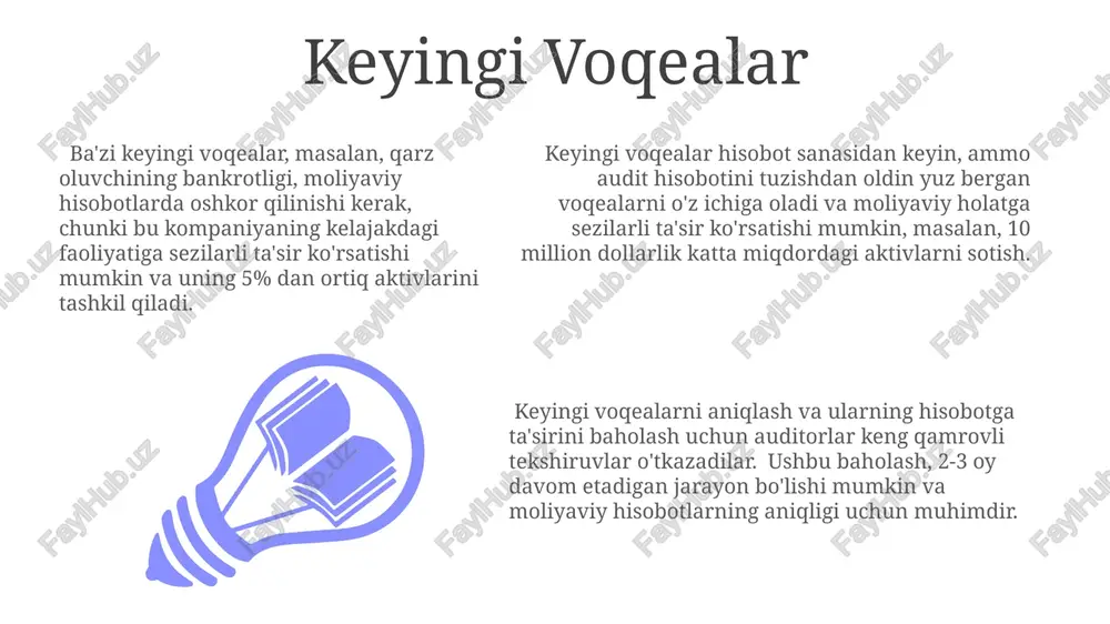 ud jarayonlari va boshqa da'volar. shartli voqealar moliyaviy hisobot tuzilgandan keyin, lekin audit hisobotini tayyorlashdan oldin yuz bergan voqealarni o'z ichiga olishi mumkin, masalan, 10 million so'm miqdoridagi katta miqdordagi qarz olish. e'tiboringiz uchun rahmat @taqdimot_robot image1.jpeg image2.jpeg image3.jpeg