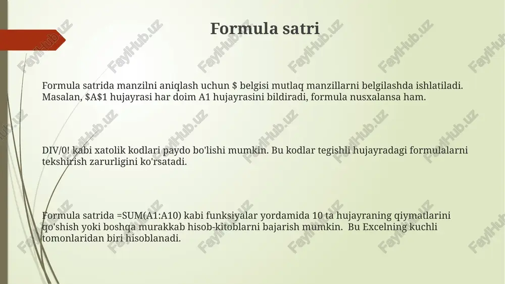 osiy menyu satri asosiy menyu satri kontekstli menyularni, shuningdek, tanlangan hujayra yoki obyektga bog'liq bo'lgan qo'shimcha buyruqlarni faollashtiradi, bu esa foydalanuvchining ish samaradorligini oshiradi. masalan, hujayra tanlanganda formatlash imkoniyatlari paydo bo'ladi. har bir yorliq ichida, asosiy menyu satrida, bir nechta (o'rtacha 20-30 ta) pastki menyular yoki buyruqlar mavjud bo'lib, ulardan foydalanuvchi kerakli amallarni bajara oladi, bu esa murakkab operatsiyalarni soddalashtiradi. asosiy menyu satri 1-qator microsoft excel dasturining asosiy funksiyalarini o'z ichiga olgan buyruqlar to'plamini, masalan, fayl, bosh sahifa, kiritish, formula va boshqalarni, jami 8 ta asosiy yorliqni taqdim etadi. hujayralarni tanlash ctrl tugmachasini bosgan holda, bir nechta alohida joylashgan hujayralarni yoki hujayra diapazonlarini, masalan, a1, b5, c10 va d20 hujayralarini tanlash imkoniyati mavjud. shift tugmachasini ishlatib, birinchi hujayrani va oxirgi hujayrani tanlash orqali ulardan orasidagi barcha hujayralarni, jumladan, 25 ta ustun yoki 50 ta qatorni qamrab oladigan hujayralarni ham tanlash mumkin. hujayralarni tanlashda sichqonchaning chap tugmasini bosgan holda, bir nechta …