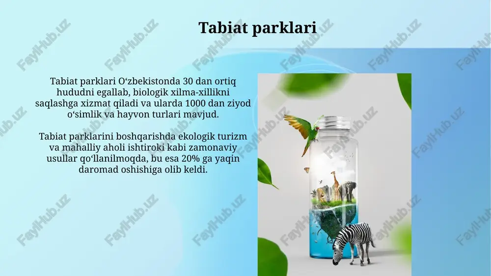 asi monitoringi muntazam ravishda olib boriladi. tabiat yodgorliklari o'zbekistonda 100 dan ortiq hududni o'z ichiga oladi, ularning har biri noyob o'simlik va hayvon turlarining saqlanishiga xizmat qiladi. milliy bogʻlar milliy bogʻlar oʻzbekistonda 9 ta boʻlib, ularning umumiy maydoni 1,5 milliondan ortiq gektarni tashkil etadi, bu mamlakat hududining 5% dan koʻprogʻini qamrab oladi. milliy bogʻlarning ekologik turizmni rivojlantirishdagi roli katta boʻlib, ular 2022 yilda 1 milliondan ortiq sayyohlarni qabul qilib, milliy iqtisodiyotga sezilarli hissa qoʻshgan. jamoatchilik ishtiroki va atrof-muhitni muhofaza qilish jamoatchilik ishtiroki orqali 2022 yilda 500 ga yaqin yangi ko'kalamzorlashtirish loyihalari amalga oshirildi, bu esa hayvonot dunyosi uchun yashash muhitini yaxshilashga yordam berdi. bioxilma-xillikni saqlash bo'yicha jamoat tashabbuslari natijasida 10 dan ortiq noyob o'simlik va hayvon turlari yo'qolib ketishdan saqlanib qoldi, bu muhofazaning muhim ko'rsatkichi hisoblanadi. himoyalangan tabiat hududlarining turlari milliy bog'lar (2-toifa) keng ko'lamli tabiiy landshaftlarni o'z ichiga oladi, turizm va rekreasyon faoliyatini cheklangan miqdorda ruxsat etadi, ya'ni 50% …
