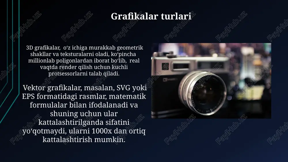 , illustrator va after effects kabi 3 ta asosiy dasturdan keng foydalaniladi, ularning har biri turli xil multimedia elementlarini ishlab chiqishga imkon beradi. interaktiv multimedia loyihalari yaratishda html5, css3 va javascript kabi 3 ta asosiy veb-texnologiyalaridan foydalaniladi, ularning yordamida dinamik va foydalanuvchi bilan o'zaro ta'sir qiluvchi kontent yaratish mumkin. multimediya fayl formatlari multimedia fayllarining ko'plab formatlari mavjud bo'lib, ularning har biri o'ziga xos xususiyatlarga ega, masalan, jpeg rasmlar uchun, mp3 audio uchun, avi esa video uchun ishlatiladi. ovozli va video fayllar ko'pincha codec'lar yordamida kodlanadi va dekodlanadi; mpeg-4 va h.264 kabi codec'lar turli xil siqish nisbatlarini ta'minlaydi. matn va tipografiya matnni tanlashda o'quvchining yoshini va maqsadli auditoriyasini hisobga olish kerak, chunki 8-12 ball o'lchamli shrift yosh bolalar uchun mos, kattalar uchun esa 14-16 ball yaxshiroq. tipografiya dizayni matnning o'qilishiga sezilarli ta'sir ko'rsatadi; masalan, 1.5 satr oralig'i o'qishni osonlashtiradi va ko'z charchoqlarini kamaytiradi. e'tiboringiz uchun rahmat @taqdimot_robot image1.jpg image2.jpg image3.jpg image4.jpg …