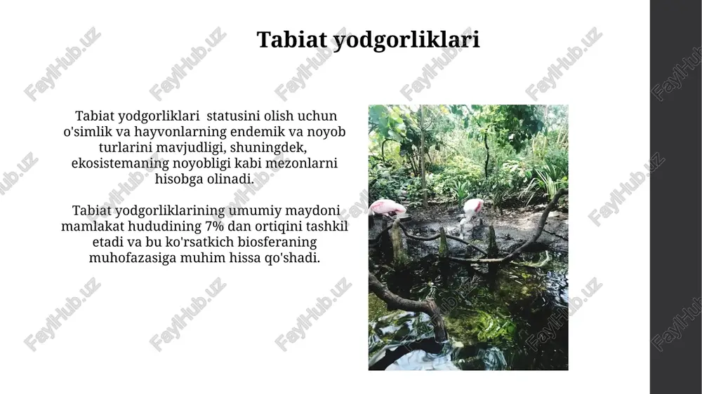 hga bevosita bog'liq. barqaror rivojlanish maqsadlari barqaror rivojlanish maqsadlarining 15-maqsadida yer va dengiz ekosistemalarini 2020-yilga qadar muhofaza qilishga oid global shartnoma belgilangan boʻlib, bu biosferani himoya qilishda muhim rol oʻynaydi. sdg 15, quruqlikdagi hayotni muhofaza qilishga bagʻishlangan boʻlib, 2030-yilga kelib yerning kamida 17%ini muhofaza qilingan hududlar sifatida belgilashni oʻz ichiga oladi, bu flora va faunaning saqlanishiga hissa qoʻshadi. himoyalangan hududlar turlari himoyalangan hududlarning 6 ta asosiy toifasi mavjud boʻlib, ularning har biri oʻziga xos maqsad va boshqaruv rejimiga ega, masalan, milliy bogʻlar, qoʻriqxonalar va biosfera rezervatlari. qoʻriqxonalar, milliy parklar va boshqa himoyalangan hududlarning umumiy maydoni butun dunyo boʻyicha yer yuzasining taxminan 15% ni tashkil etadi, lekin bu ko'rsatkich bir xil emas. kelajakdagi istiqbollar kelajakdagi himoyalangan hududlar tarmog'ini 2030-yilga borib 30% ga kengaytirish, bioxilma-xillikni saqlash va iqlim o'zgarishiga moslashishga yordam beradi. zamonaviy monitoring texnologiyalari, masalan, sun'iy yo'ldosh va dronlardan foydalanish, noqonuniy ov va o'rmonlarni kesish holatlarini 50% ga kamaytirishga yordam beradi. …