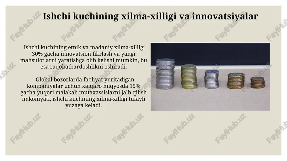 ish imkoniyati mavjud bo'lib, bu esa yuqori texnologiyalar sohasida raqobatbardoshlikni oshiradi. madaniy almashinuv yangi bozorlarga kirish imkoniyatlarini 20% ga oshirishi va xalqaro savdo hajmini 15% ga ko'paytirishi mumkin, bu esa milliy iqtisodiyotga ijobiy ta'sir ko'rsatadi. madaniy xilma-xillikning iqtisodiy afzalliklari madaniy jihatdan xilma-xil ishchi kuchining mavjudligi kompaniyalarning raqobatbardoshligini 10-15 ballga oshirib, mahsulotlar va xizmatlarning global miqyosda sotilishiga yordam beradi. ko'p madaniyatli jamiyatlarda chet el investitsiyalari o'rtacha 20% ga ko'proq bo'lishi kuzatilgan, chunki bu xilma-xillik biznesga yangi bozorlarga kirish imkonini beradi. ko'p madaniyatlilik va global raqobatbardoshlik ko'p madaniyatlilik tufayli turli xil bozorlarga moslashish qobiliyati 15% ga yaxshilanadi, bu yangi mahsulotlar va xizmatlarni ishlab chiqarishni tezlashtiradi va global raqobatbardoshlikni mustahkamlaydi. ko'p madaniyatli jamoalar 20% gacha yuqori innovatsion faoliyatni namoyon etadi, bu global bozorda raqobatbardoshlikni oshiradi va iqtisodiy o'sishga hissa qo'shadi. e'tiboringiz uchun rahmat @taqdimot_robot image3.jpg image4.jpg image5.jpg image6.jpg image7.jpg image8.jpg image9.jpg image10.jpg image11.jpg image12.jpg image13.jpg image14.jpg