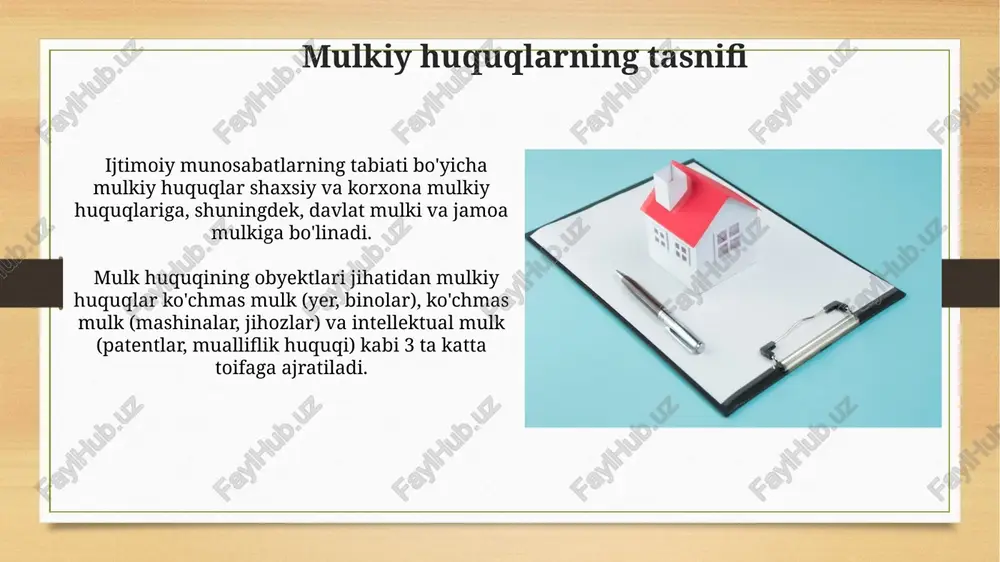 xos qonun hujjatlari bilan tartibga solinadi. konstitutsiya va qonunlar davlat mulkiga bo'lgan huquqlarni himoya qilishni 100% kafolatlaydi, shu jumladan, 20 dan ortiq moddalar davlat mulkining tegishli boshqaruvini belgilaydi. tasarruf etish huquqi tasarruf etish huquqining vujudga kelishi 2 ta asosiy yo'l bilan: mulk huquqi orqali yoki ayrim huquqlarni ajratib berish orqali amalga oshiriladi. tasarruf etish huquqining hajmi, 100% lik egalik huquqidan farqli ravishda, shartnoma yoki qonun bilan cheklanishi mumkin. jamoa mulki jamoa mulki huquqiy rejimi, uning egalik qilish, tasarruf etish va foydalanish usullari qonun hujjatlari bilan aniq belgilanadi va 10 ga yaqin turli xil me'yorlarni o'z ichiga oladi. jamoa mulki, o'zbekiston respublikasining yer kodeksiga ko'ra, 200 dan ortiq fuqarolar yoki yuridik shaxslarga tegishli bo'lishi mumkin bo'lgan yer uchastkalari va boshqa mulklarni o'z ichiga oladi. mulkning boshqa shakllari ishonchli boshqaruv, 1 dan 10 yilgacha muddatli bo'lishi mumkin, mulk egasining roziligi bilan topshiriladi va mulk huquqiga to'liq taalluqli emas. mulkning ba’zi shakllari, masalan, …