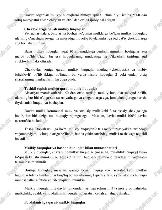 oid qat'iy cheklovlarga ega bo'lishi mumkin. ba'zi mulkiy huquqlar faqat 10 yil muddatga berilishi mumkin, boshqalari esa meros bo'lib o'tadi, bu esa huquqlarning muddatiga va o'tkazilish tartibiga oid cheklovlarni aks ettiradi. cheklovlar soniga qarab, mulkiy huquqlar mutlaq (cheklovsiz) va nisbiy (cheklovli) bo'lib ikkiga bo'linadi, bu yerda nisbiy huquqlar 2 yoki undan ortiq shaxslarning manfaatlarini hisobga oladi. tashkil topish usuliga qarab mulkiy huquqlar aksariyat mamlakatlarda, 50 dan ortiq turdagi mulkiy huquqlar mavjud bo'lib, ularning har biri o'ziga xos xususiyatlarga va chegaralarga ega, jumladan, ijaraga berish, foydalanish huquqi va boshqalar. davlat mulki, kommunal mulk va xususiy mulk kabi 3 ta asosiy shaklga ega bo'lib, har biri o'ziga xos huquqiy rejimga ega. masalan, davlat mulki 100% davlat tasarrufida bo'ladi. tashkil topish usuliga ko'ra, mulkiy huquqlar 2 ta asosiy turga: yakka tartibdagi va jamoaviy mulk huquqlariga bo'linadi, bunda yakka tartibdagi mulk 1 ta shaxsga tegishli bo'ladi. mulkiy huquqlar va boshqa huquqlar bilan munosabatlari mulkiy …