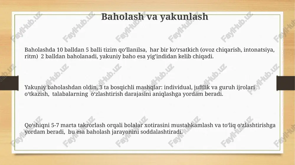 . harakatlarni qo'shiqning tuzilishiga moslashtirish, masalan, qisqa qismlarga 2-3 ta harakat, kuychan qismlarga esa yanada ko'proq harakatlar qo'shish mumkin. e'tiboringiz uchun rahmat @taqdimot_robot image3.png image4.png