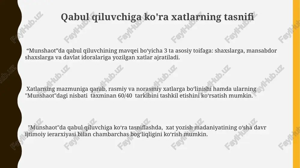 kin. xatlarning hajmi va tuzilishiga oid tasnif taxminan 70% xatlar standart tuzilishga ega bo‘lsa, qolgan 30%ida esa individual xususiyatlar, masalan, qo‘shimcha ilova yoki murakkab tarkibiy qismlar kuzatiladi. xatlarning tuzilishiga ko‘ra, rasmiy (sarlavha, murojaat, asosiy qism, xulosa) va norasmiy (erkin tuzilgan) turlarga ajratish mumkin, bu esa xat yozish madaniyati va an’analariga bog‘liq. “munshaot”dagi xatlarning hajmi bo‘yicha 3 ta asosiy toifaga: kichik (1-2 bet), o‘rtacha (3-5 bet) va katta (6 betdan ortiq) xatlarga bo‘lish mumkin, bu esa ularning mazmuni va ahamiyatiga bog‘liq. xulosa va xulosalar tadqiqot natijalari shuni ko'rsatadiki, "munshaot"dagi 70% xatlar shaxsiy munosabatlarga, qolgan 30% esa davlat ishlari va ijtimoiy masalalarga bag'ishlangan. "munshaot"dagi xatlarning 3 ta asosiy turini – rasmiy, norasmiy va adabiy – tahlil qilish orqali 12 ta asosiy xususiyat aniqlandi. xulosa qismida "munshaot"dagi xatlarning mavzu va mazmun jihatidan taqsimoti (5 ta asosiy guruh) ko'rsatilgan va ularning tarixiy ahamiyati ta'kidlangan. xatlarning janriga oid tasnif "munshaot"dagi xatlarning 30% dan ortig'i shaxsiy …