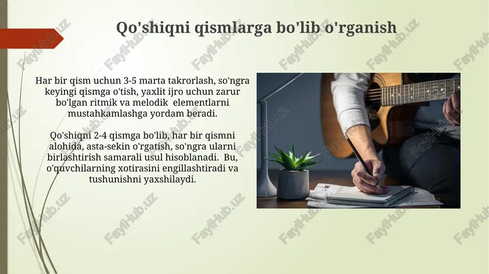 sh baholash jarayonida 5 ballli shkala yordamida o'quvchilarning qo'shiqni ijro etish texnikasi, intonatsiyasi va ritmik aniqligi kabi 3 ta asosiy ko'rsatkich baholanadi. natijalarni tahlil qilishda o'quvchilarning 70% dan ortig'i qo'shiqni to'g'ri ijro eta olgan bo'lsa, dars samarali deb hisoblanadi, aks holda qo'shimcha mashg'ulotlar rejalashtiriladi. o'quvchilarning tayyorgarligi qo'shiqni o'rganishdan avval, o'quvchilarning mavzuga oid oldingi bilimlari va tajribalari (masalan, xalq qo'shiqlari, boshqa qo'shiq janrlari bilan tanishligi) so'ralishi zarur. o'quvchilarning musiqiy savodxonlik darajasi, ya'ni notalarni o'qish, ritmni tushunish va qo'shiq kuylash texnikasi bo'yicha 3-5 ball shkalasi bilan baholash kerak. improvizatsiya va ijodkorlikni rag'batlantirish improvizatsiya uchun 3 ta asosiy element – melodiya, ritm va tekstni birlashtirib, o‘quvchilarga individual yoki guruh bo‘yicha 4-5 daqiqalik improvizatsion ijod qilish imkoniyatini berish samarali. qo‘shiqning 2-3 qatorini o‘zgartirish orqali, 5-7 yoshli bolalarga so‘z boyligini oshirish va ritm tuyg‘usini rivojlantirishga qaratilgan improvizatsion mashqlarni taklif qilish mumkin. darsni yakunlash va uyga vazifa darsni yakunlashda 5-7 daqiqa vaqt ajratib, o‘tilgan mavzuni qisqacha …