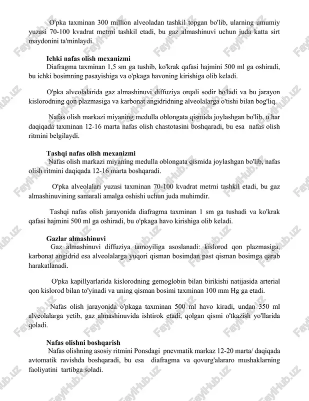 shiga va o'pkaga havoning kirishiga olib keladi. o'pka alveolalarida gaz almashinuvi diffuziya orqali sodir bo'ladi va bu jarayon kislorodning qon plazmasiga va karbonat angidridning alveolalarga o'tishi bilan bog'liq. nafas olish markazi miyaning medulla oblongata qismida joylashgan bo'lib, u har daqiqada taxminan 12-16 marta nafas olish chastotasini boshqaradi, bu esa nafas olish ritmini belgilaydi. tashqi nafas olish mexanizmi nafas olish markazi miyaning medulla oblongata qismida joylashgan bo'lib, nafas olish ritmini daqiqada 12-16 marta boshqaradi. o'pka alveolalari yuzasi taxminan 70-100 kvadrat metrni tashkil etadi, bu gaz almashinuvining samarali amalga oshishi uchun juda muhimdir. tashqi nafas olish jarayonida diafragma taxminan 1 sm ga tushadi va ko'krak qafasi hajmini 500 ml ga oshiradi, bu o'pkaga havo kirishiga olib keladi. gazlar almashinuvi gaz almashinuvi diffuziya tamoyiliga asoslanadi: kislorod qon plazmasiga, karbonat angidrid esa alveolalarga yuqori qisman bosimdan past qisman bosimga qarab harakatlanadi. o'pka kapillyarlarida kislorodning gemoglobin bilan birikishi natijasida arterial qon kislorod bilan to'yinadi va …