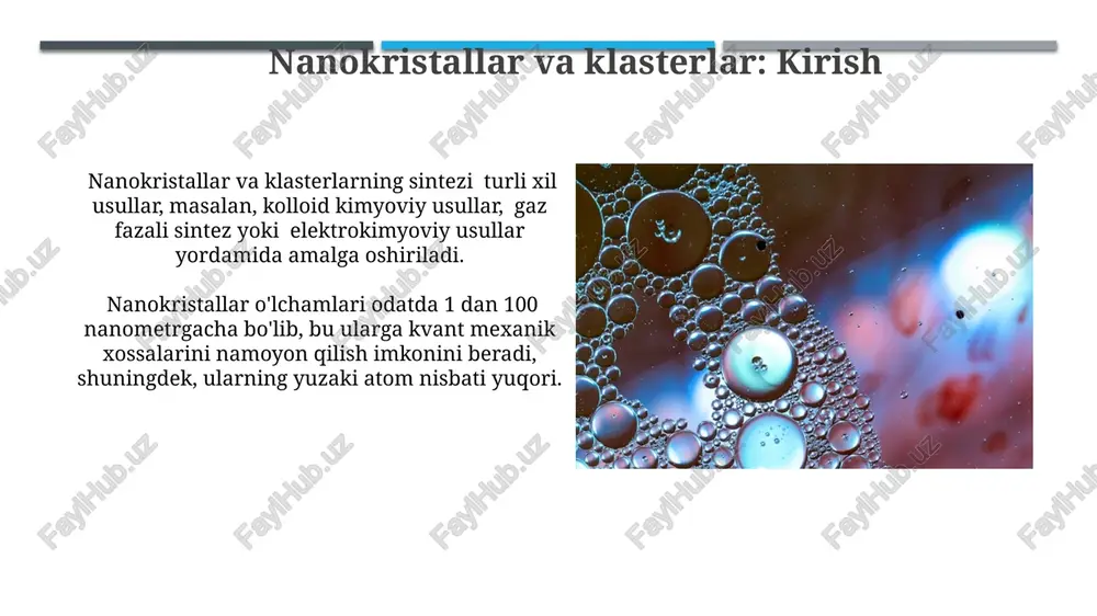 ing fizikaviy xossalari nanokristallar hajmi 1-100 nm oraligʻida boʻlib, bu ularning klassik materiallarga nisbatan sezilarli darajada yuqori sirt maydoniga ega boʻlishiga olib keladi va shu sababli optik, magnit va elektr xossalarini oʻzgartiradi. nanokristallarning optik xossalari, masalan, luminesensiyasi, ularning hajmi va shakliga juda bogʻliq boʻlib, 5 nm li zarracha 10 nm li zarrachaga qaraganda turli xil toʻlqin uzunliklarida yorugʻlik chiqaradi. biotibbiyotdagi qo'llanilishi oltin nanoklasterlari 15-20 nm o'lchamda bo'lib, fotosensitizator sifatida ishlatiladi va fotodinamik terapiya samaradorligini sezilarli darajada oshiradi. magnit nanokristallar 5-10 mg/kg dozalarida saraton hujayralarini aniq nishonga olish va ularni yo'q qilish uchun maqsadli terapiyada qo'llaniladi. energiya sohasidagi qo'llanilishi nanomateriallar yordamida ishlab chiqilgan yuqori quvvatli litiy-ion batareyalar, an'anaviy batareyalarga nisbatan 3-4 baravar yuqori energiya zichligiga ega. nanokristallar quyosh panellarining samaradorligini 15-20% ga oshirish orqali energiya ishlab chiqarishni yaxshilashga yordam beradi, bu esa samaraliroq fotoelektrik konversiyani ta'minlaydi. e'tiboringiz uchun rahmat @taqdimot_robot image1.jpg image2.jpg image3.jpg image4.jpg image5.jpg image6.jpg image7.jpg image8.jpg image9.jpg image10.jpg image11.jpg …