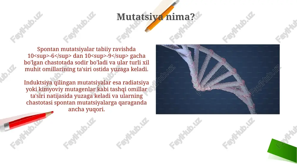 anish usullari fish (fluorescent in situ hybridization) texnologiyasi xromosomalar darajasidagi aberratsiyalarni, masalan, translokatsiyalarni yoki delesiyalarni, xromosomaning 10-20% qismini visualizatsiya qilish orqali aniqlashga imkon beradi. mikrosatelitli markerlar yordamida takrorlanuvchi ketma-ketliklardagi o'zgarishlarni, masalan, 2-5 bazali takrorlanishlarning sonining o'zgarishini aniqlash mumkin, bu esa mutatsiyalarni aniqlashning yuqori aniqligiga erishishga yordam beradi. mutatsiyalar sabablari dnkni ko'paytirish jarayonida 100 000 ta nukleotidlardan birida xatolik yuz berishi mumkin, bu esa spontan mutatsiyalarga olib keladi. tashqi muhit omillari, masalan, ultrabinafsha nurlanish yoki ionlashtiruvchi radiatsiya, dnkning tuzilishiga zarar yetkazib, mutatsiyalar sonini 20% ga oshirishi mumkin. delegatsiya mutatsiyalari krup yo'qolishlar (deletions) xromosomalarning butun bo'limlarini yo'qotishiga olib kelishi mumkin, bu esa 50 dan ortiq genlarning faoliyatini buzishiga sabab bo'ladi. deletsiya mutatsiyalarining oqibati genlarning ifodasining buzilishi yoki to'xtashi, shuningdek, oqsil strukturasining o'zgarishi bilan namoyon bo'lishi mumkin. dnk tuzilishi dnkning ikki zanjirli spiral tuzilishi, uning replikatsiyasi va transkripsiyasi jarayonlarini osonlashtiradi, bu esa irsiy axborotning aniq nusxasini yaratishga imkon beradi, xatolar soni minimal darajada …