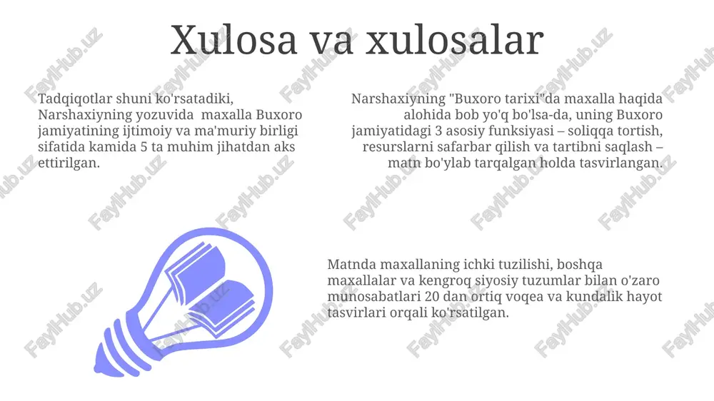 tuzilmasi, masalan, mahalla raisi (kengashi) va uning vakolatlari, narshaxiyning hikoyalarida bilvosita aks ettirilgan. narshaxiy asaridagi kundalik hayot tasvirlari orqali mahalla narshaxiyning yozuvlarida 10 dan ortiq mahalla nomlari tilga olingani, ularning o'ziga xos xususiyatlarini va o'zaro munosabatlarini ko'rsatadi. asarda mahalla rahbarlari, oqsoqollar va boshqa muhim shaxslarning roli, mahalla ichidagi nizolarni hal qilish mexanizmlari batafsil bayon etilgan. mahalla aholisining soliq to'lashda ishtiroki, 5-10 kishilik guruhlarga bo'linib, jamoat ishlarida qatnashishi narshaxiy asarida tasvirlangan. mahallaning resurslarni safarbar qilishdagi ishtiroki mahallalar soliq yigʻishda muhim rol oʻynab, xazina daromadlarining 30% dan ortigʻini tashkil qilgan mahalliy resurslarni safarbar qilishda ishtirok etgan. mahalla rahbarlari, mahalla yigʻinlari orqali, qurilish ishlari, taʼmirlash va jamoat infratuzilmasini rivojlantirish uchun mahalliy resurslarni samarali safarbar qilishgan. harbiy ehtiyojlar uchun mahalla aholisi tomonidan 500 dan ortiq jangchi va 1000 dan ortiq yordamchi xodimlar safarbar qilinganligi narshaxiy asarida qayd etilgan. mahallalararo munosabatlar maxallalararo nizolar, narsaxiyning tasvirlaridan kelib chiqib, ko'pincha mahalla rahbarlari o'rtasidagi kelishmovchiliklar yoki yer, suv …