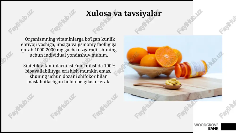 da anemiya bilan birga keladi. soch toʻkilishi va tirnoqlarning moʻrtlashuvi, ayniqsa, biotin (b7 vitamini) yoki temir yetishmasligidan kelib chiqishi mumkin va 5 dan ortiq vitamin tanqisligini koʻrsatishi mumkin. woodgrove bank tabiiy va sintetik vitaminlarning taqqoslanishi ba'zi tadqiqotlar shuni ko'rsatdiki, tabiiy vitaminlarni iste'mol qilish, sintetik vitaminlarga nisbatan, organizmda kamroq yon ta'sirlarni keltirib chiqarishi mumkin, masalan, 10% kamroq hazmsizlik holatlari kuzatilgan. tabiiy vitaminlar, sintetik vitaminlardan farqli o'laroq, qo'shimcha oziq moddalar va fitokimyoviy moddalarni o'z ichiga oladi, bu esa ularning assimilyatsiyasi va bioaktivligini 30% ga oshirishi mumkin. woodgrove bank eng keng tarqalgan vitamin tanqisliklari o'rta osiyo mamlakatlarida 10-30% aholi temir tanqisligi anemiyasi bilan og'rigan, bu esa zaiflik, charchoq va immunitetning pasayishiga olib keladi. homiladorlik davrida folat kislotasi yetishmasligi tug'ma nuqsonlar xavfini 70% ga oshirishi mumkin, shuning uchun homilador ayollar uchun folat kislotasini qabul qilish juda muhim. woodgrove bank e'tiboringiz uchun rahmat @taqdimot_robot woodgrove bank image1.jpg image2.jpg image3.jpg image4.jpg image5.jpg image6.jpg image7.jpg image8.jpg image9.jpg …