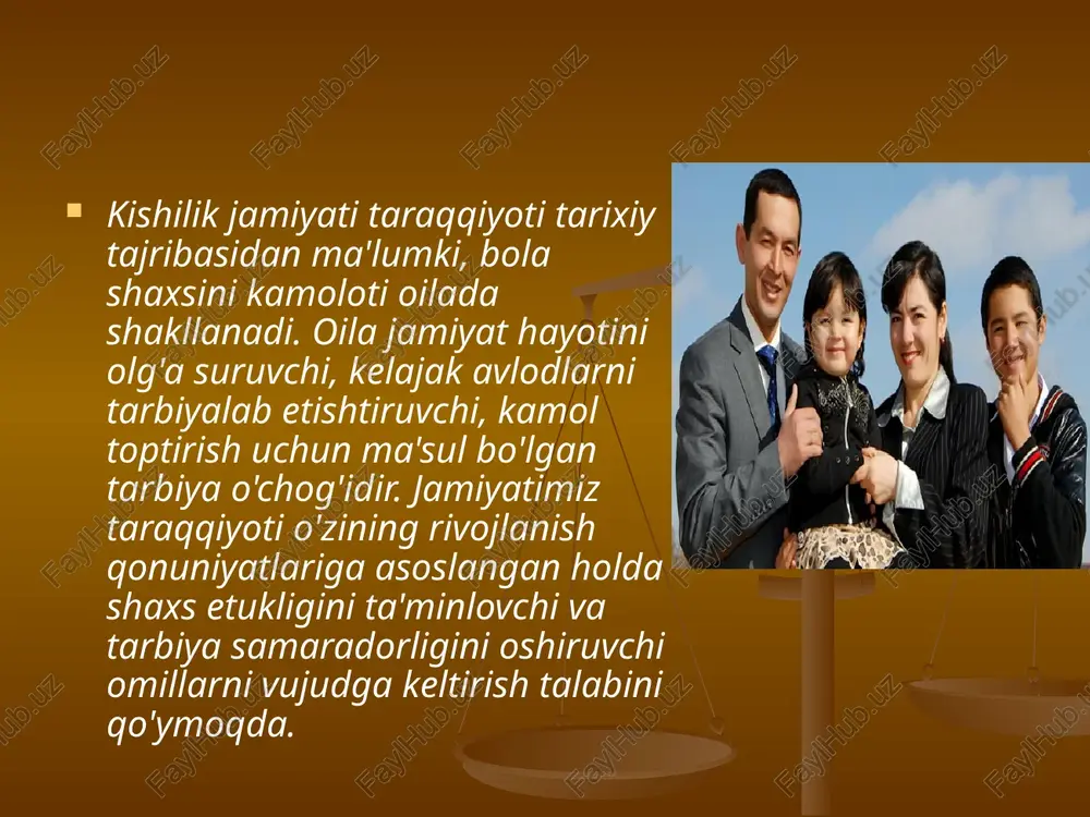millati, tili, dini, ijtimoiy kelib chiqishi, e'tiqodi, shaxsi va ijtimoiy mavqeidan qat'i nazar, qonun oldida teng; ayol bilan erkak oilada teng huquqqa ega; faqat yakka nikohlilikni tan olish va uni mustahkamlash uchun yordam berish; ixtiyoriy va erkin nikoh; davlat nazorati asosida nikohdan erkin ajralish; davlat otalik, onalik va bolalikni muhofaza etadi va ularning manfaatlarini har taraflama himoya qiladi; bolalarni milliy istiqlol mafkurasi asosida tarbiyalash va boshqalardir. oilaviy tarbiyaning huquqiy asoslari. ota-onalar qo’mitasi quyidagi vazifalarni bajaradilar: 1. maktab ota-onalar qo’mitasi pedagogik kengashida qatnashib, maktabdagi muammolarni hal qilishda faol ishtirok etib, kerakli maslahatlarni beradi. 2. maktab uchun zarur bo’lgan barcha shart-sharoitlarni hozirlashda mahalla, jamoatchilik va otaliq tashkilotlardan boshlab to respublika rahbarlarigacha iltimos bilan murojaat qilishga haqlidir. 3. ota-onalar qo’mitasi maktabdagi ichki tartib-intizomni mustahkamlash maqsadida uni maktab ma'muriyati bilan hamkorlikda muhokama qilishi mumkin. 4. har bir ota-onani o’z farzandining xatti-harakati uchun maktabda, mahalla va jamoatchilik oldida, otaliq tashkiloti oldida muhokama qilishga, mahalladagi barcha …