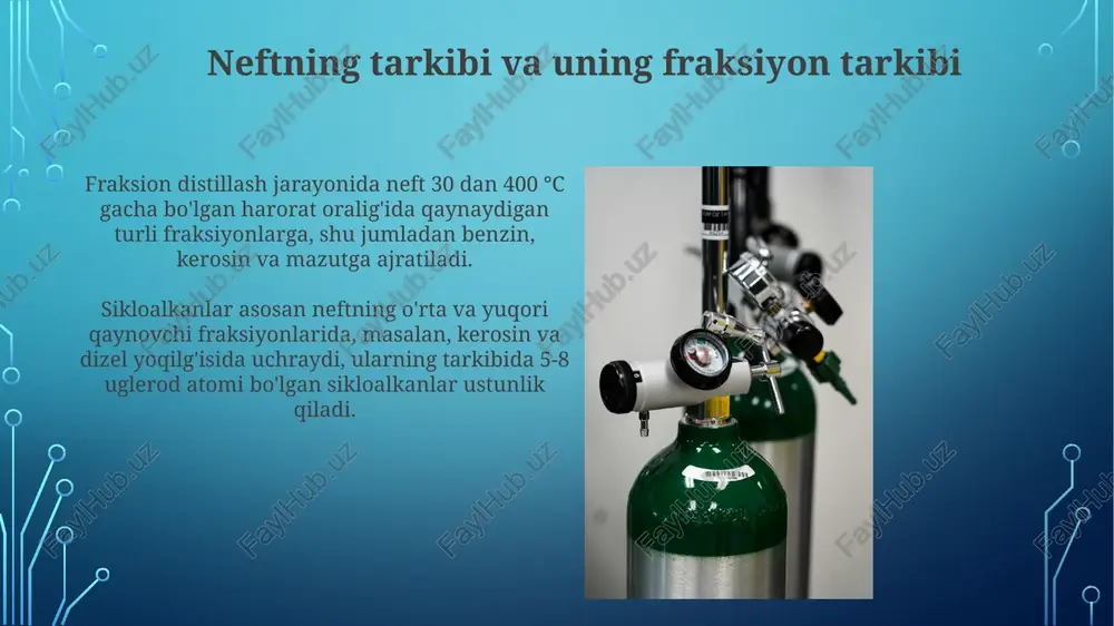 n bugʻlatish ustunida 100 dan ortiq teoretik taglik plitalari boʻlishi mumkin, bu harorat gradiyenti va moddalarni ajratish samaradorligini oshiradi. sikloalkanlarning qo'llanilishi siklopentaan kabi ba'zi sikloalkanlar, polimerlar ishlab chiqarishda, xususan, ko'pik hosil qiluvchi vosita sifatida 5-10% miqdorida qo'shiladi. sikloalkanlarning ayrim vakillari, masalan, metilsikloheksan, yuqori oktanli benzin qo'shimchalari sifatida avtomobil yoqilg'ilarining sifatini yaxshilashda ishlatiladi. fraksiyonli distillash uskunasi fraksionli distillash qurilmasida taxminan 50-70 ta yog'li plitalar yoki to'ldirgichlar ishlatiladi, bu bug'larning sirt maydonini oshiradi va uglevodorodlarning samaraliroq ajralishini ta'minlaydi. fraksionli distillash jarayonida taxminan 150 dan ortiq turli xil uglevodorodlar ajratiladi, ularning qaynash harorati va molekulyar massasi farqlanadi, bu esa turli xil mahsulotlarni, shu jumladan benzin, kerosin va dizel yoqilg'isini olish imkonini beradi. neft fraksiyalarining kimyoviy tarkibi neft fraktsiyalarining tarkibida parafinli uglevodorodlarning (c₁₅-c₂₀) miqdori yuqori bo'lib, ularning qaynash temperaturasi 200-300°c atrofida bo'ladi va dizel yonilg'isi sifatida qo'llaniladi. benzin fraktsiyasi (qaynash temperaturasi 40-200°c) alkanlar, tsikloalkanlar va arenlarning murakkab aralashmasi bo'lib, uglevodorodlarning miqdori tarkibidagi neftning turiga …