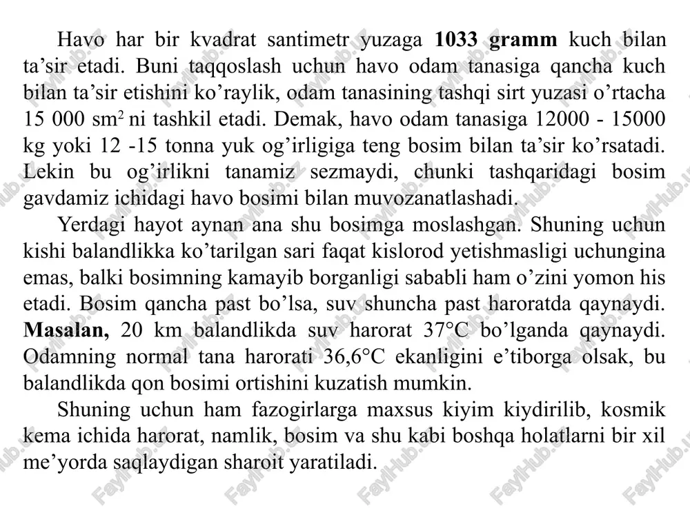 amayadi. havo bosimining bunday qonu-niyatidan foydalanib (haroratni nazarda tutgan holda), samolyotlar, yer yuzasi va tog’larning dengiz sathiga nisbatan balandligini o’lchash mumkin. toshkent shahri dengiz sathidan 470 m balandlikda joylash-gan deb olsak, u holda havo bosimi dengiz sathiga nisbatan simob ustunining 38 – 40 mm ga pasayadi. ya’ni toshkentda o’rtacha nor-mal havo bosimi 720 – 722 mm sim. ust. ning bosimiga teng bo’ladi. havo bosimi ob-havoning o’zgarishiga (siklon yoki antisiklon-larning o’tishiga) bog’liq holda o’zgarib turadi. dengiz sathidagi o’rtacha bosim 760 mm sim.ust. yoki 1013,2 mb ga teng. bu miqdor standart, yoki «normal» deb qabul qilingan. standart miqdor deb, 1000 mb ga teng bosimni qabul qilish mumkin. dengiz bo‘yida havo harorati 0° bo‘lganda barometr naychasidagi simob 760 millimetr (mm) ni ko‘rsatadi. shunda havo bosimi 760 mm simob ustuni og‘irlig‘iga teng bo‘ladi. bunday bosim normal (me'yordagi) bosim deyiladi. dengiz bo‘yidan balandlikka ko‘tariladigan bo‘lsa, har 100 m ko‘tarilganda barometrdagi simob 10 mm pasayadi (yoki …