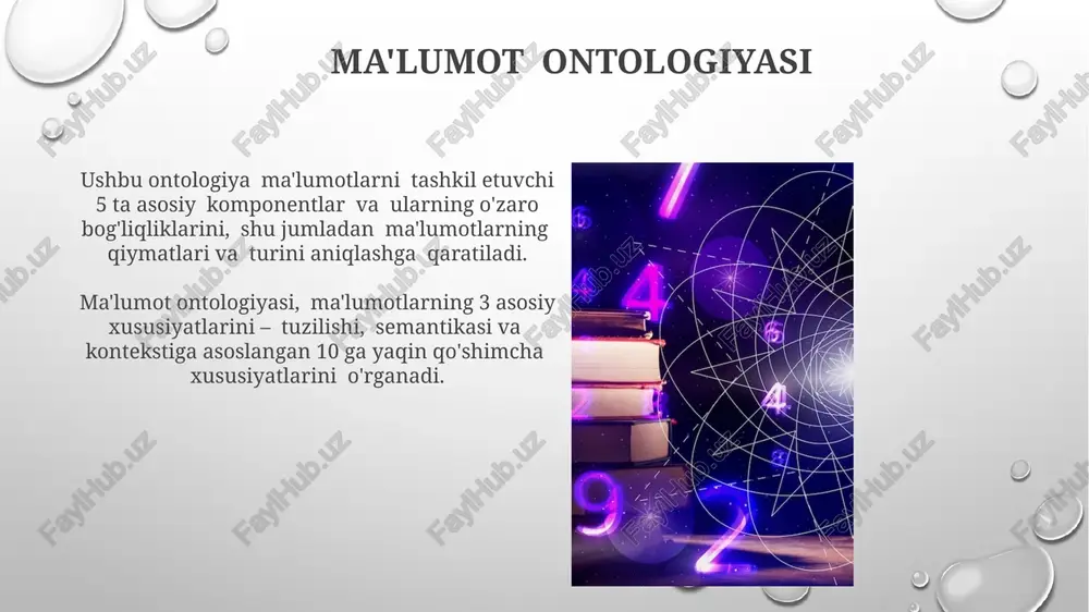 latning 3 ta asosiy funksiyasi – qonun chiqarish, ijro etuvchi va sud hokimiyatlarining o‘zaro munosabatlarini va ularning mavjudlik sabablarini o‘rganadi. zamonaviy siyosiy ontologiya 10 dan ortiq turli metodologiyalarni, shu jumladan, hermeneutika va post-strukturalizmni qo‘llagan holda siyosiy hodisalarni talqin qiladi. zamonaviy fan va ontologiya ontologik tadqiqotlarning 70% dan ortig'i hozirgi kunda axborot texnologiyalari, sun'iy intellekt va kognitiv fanlar bilan bog'liq muammolarga qaratilgan. zamonaviy fanda ontologiya 3 asosiy yo'nalish – metafizik, analitik va fenomenologik ontologiyalarni o'z ichiga oladi, ularning har biri olamning 2-3 ta asosiy kategoriyasini tadqiq qiladi. jarayonga yo'naltirilgan ontologiya bu ontologiya, 10 dan ortiq turdagi jarayonlarni modellashtirishda, dinamik tizimlarni 2 o'lchovli emas, balki ko'p o'lchovli tahlil qilishda qo'llaniladi. jarayonlarga yo'naltirilgan ontologiya, ma'lumotlarning 4 ta asosiy turi - vaqt, joy, sub'ekt va predikatlarni birlashtirish orqali mulohazalarni tuzadi. ontologik pluralizm ontologik pluralizm ko'p sonli, ya'ni ikkitadan ortiq ontologik tizimlarning birgalikda mavjud bo'lishini va ularning bir-biriga nisbatan teng huquqli ekanligini ta'kidlaydi. ontologik pluralizm …