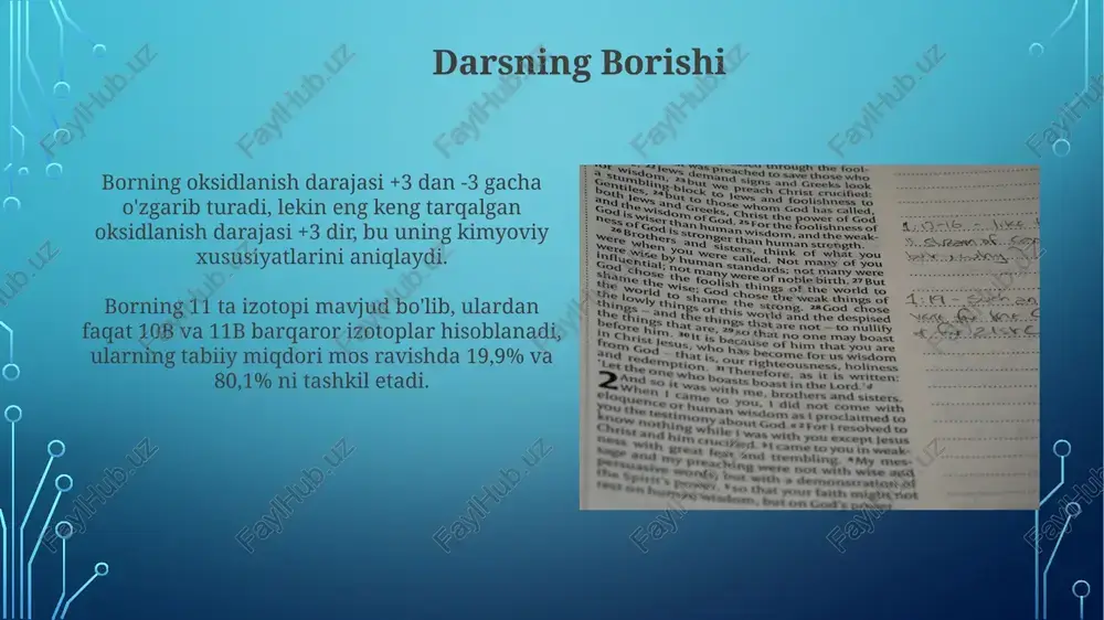 lar olib, turli reaktivlar bilan reaksiyalar o'tkazish bo'yicha amaliy topshiriqlar bajariladi. har bir talaba kamida 3 ta turli xil tuzlarning eruvchanligini aniqlash va natijalarni sifat va miqdor jihatdan baholash bo'yicha hisobot tayyorlaydi. baholash mezonlari ba'zi birikmalarning baholash mezonlari tarkibida 3 ta asosiy ko'rsatkich: reaksiyaga kirishish tezligi, hosil bo'lgan mahsulotning miqdori va reaksiya selektivligi mavjud bo'lib, har biri 0 dan 10 ballgacha baholanadi. baholash mezonlarida 5 ta eksperimental topshiriq bajarilishini nazorat qilish, har bir topshiriq uchun 20 balldan beriladi, umumiy ball 100 ballni tashkil qiladi. kutilgan natijalar 9-sinf o'quvchilari 70% dan yuqori ball to'plagan bo'lsa, o'quv maqsadlariga erishilgan deb hisoblanadi, bu nazariy va amaliy bilimlarni baholash natijalari orqali aniqlanadi. o'quv jarayonida 5 ta asosiy mavzu o'tilgan bo'lib, har bir mavzu bo'yicha o'rtacha 85% ball to'plangan. bu, o'quvchilarda inorganik kimyo fanidan mustahkam bilim va ko'nikmalar hosil bo'lganligini ko'rsatadi. zamonaviy texnologiyalarni qo'llash zamonaviy 3d modellashtirish dasturlari, masalan, avogadro yoki gaussview, murakkab noorganik birikmalar …