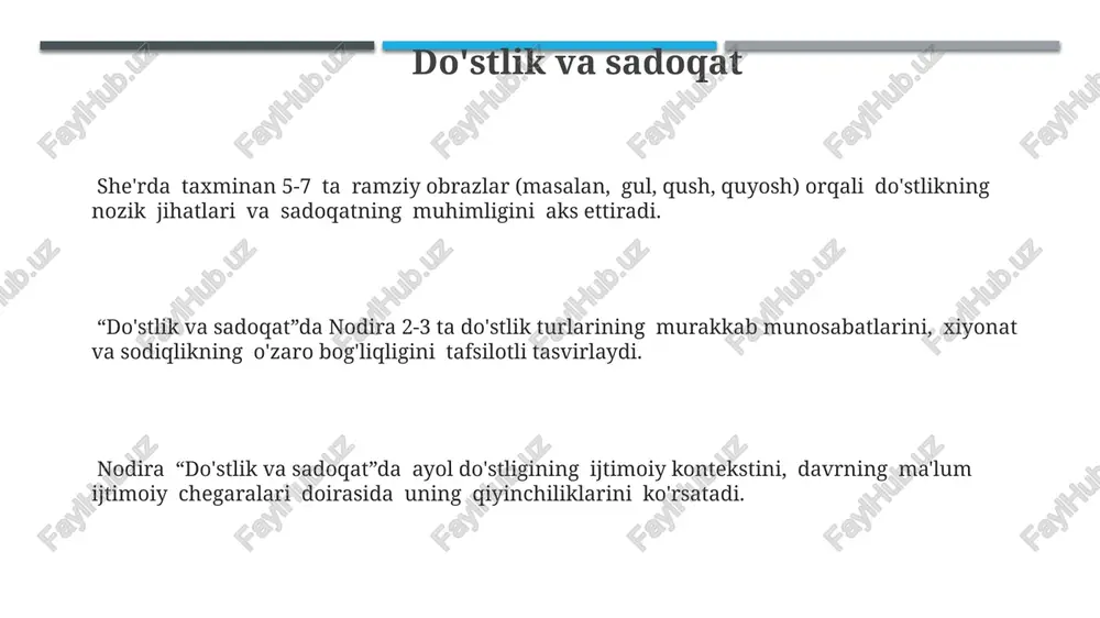 ishga harakat qilingan. “tarix va xotira”da nodira 18-asr oxiri va 19-asr boshlari buxoro amirligi ijtimoiy-siyosiy hayotiga oid 20 dan ortiq voqealarni she’riy til orqali aks ettiradi. nodira she’rlarida tarixiy shaxslar, jumladan, 5 dan ortiq amirlar va ularning siyosati haqida tasvirlar va badiiy obrazlar mavjud. din va e'tiqod “din va e’tiqod”da nodira 20 dan ortiq gazal va ruboiyda islomning asosiy tamoyillarini, xususan, taqvodorlik, sabr-toqat va ibodatning ahamiyatini ta’kidlaydi. “din va e’tiqod” mavzusidagi asarlarida nodira, inson qalbining pokligi va xudoga bo‘lgan muhabbatning insoniyat uchun 3 ta asosiy fazilatdan ustun turishini bayon etadi. she’rlarida 7 ta turli tasavvuf mazhablari elementlarini uchratish mumkin bo‘lib, bu nodiraning diniy bag‘rikengligini va chuqur tafakkurini ko‘rsatadi. tabiat tasvirlari uning tabiat tasvirlarida insoniy tuyg‘ularning, jumladan, mehr-muhabbat, iztirob va umidsizlikning tabiiy elementlar orqali ifodalanishi kuzatiladi. nodira she’rlaridagi tabiat tasvirlari, aksariyat hollarda, lirik qahramonning ichki holatini aks ettiruvchi fon vazifasini o‘taydi. nodira tabiat tasvirlarida 30 dan ortiq she’rda o‘simliklar, 15 dan …