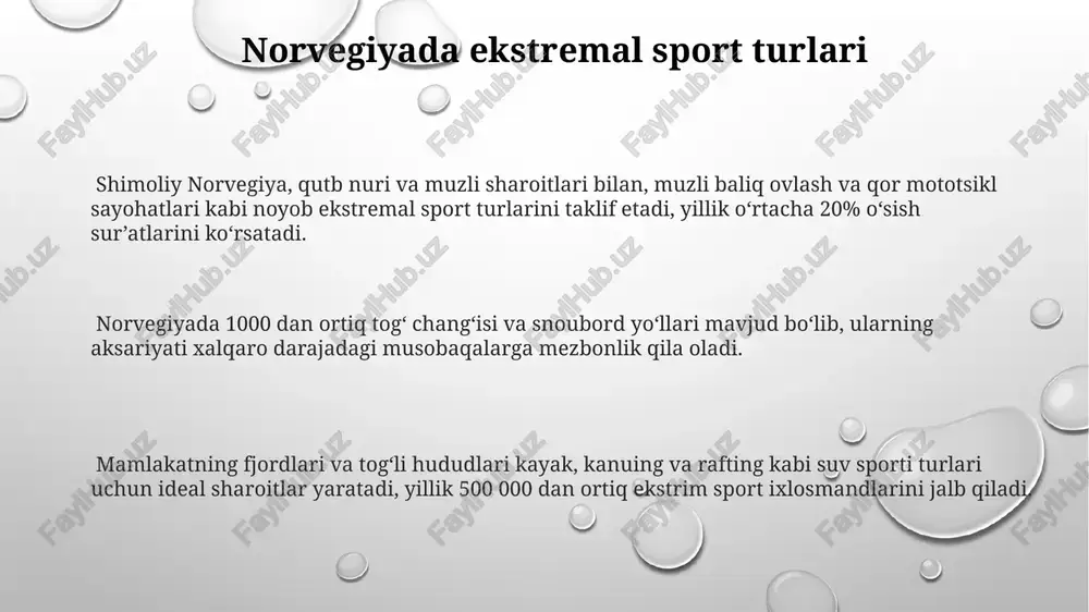tadi. norvegiya 2023-yilgi ma'lumotlariga ko'ra, 500 dan ortiq qo'riqxonalarga va milliy parklarga ega bo'lib, ular tabiatni muhofaza qilish va ekoturizmni qo'llab-quvvatlashda muhim rol o'ynaydi. oslo shahri va uning diqqatga sazovor joylari oslofjordning ajoyib manzarasi bilan mashhur bo'lgan shahar, 40 dan ortiq muzey va galereyalarga, jumladan, vikinlar kemalari muzeyiga ega. oslo shahri skandinaviya yarim orolining eng yirik shaharlaridan biri bo'lib, 1 million atrofida aholini o'z ichiga oladi va yiliga 10 milliondan ortiq sayyohlarni qabul qiladi. osloda, akker brygge kabi zamonaviy arxitektura bilan bir qatorda, 12-asrga oid oslo qal'asi kabi tarixiy yodgorliklar ham mavjud bo'lib, bu shaharning boy madaniy merosini aks ettiradi. bergen shahri va bryggen bryuggenda joylashgan qator muzeylar, shu jumladan, xanza savdosi muzeyi va bergenning tarixiga bag'ishlangan muzeylar, yiliga 1 millionga yaqin sayyohlarni o'ziga jalb etadi. bergen shahri va bryuggenning tarixiy porti 1000 dan ortiq yil avval asos solingan bo'lib, u 1979 yildan buyon yuneskoning jahon merosi ro'yxatiga kiritilgan. bryuggendagi …