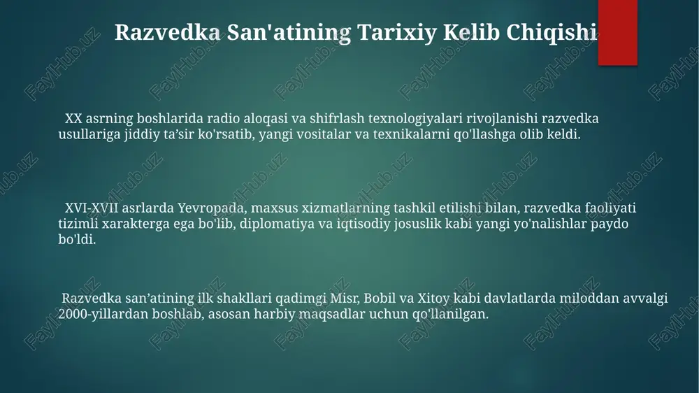 y davlatlarda vakolatxonalarga ega boʻlishi mumkin, bu ularning global tarmogʻini koʻrsatadi. tashqi razvedka operatsiyalari, ichki xavfsizlikka nisbatan, yuqori darajadagi maxfiylikni va noan'anaviy texnologiyalarni, jumladan, 25 dan ortiq turdagi maxsus jihozlarni talab qiladi. “tashqi razvedka va ichki xavfsizlik” tizimlari 5 dan ortiq asosiy boʻlimga ega boʻlib, har biri maxsus vazifalar, masalan, kiber-xavfsizlik yoki terrorizmga qarshi kurash bilan shugʻullanadi. e'tiboringiz uchun rahmat @taqdimot_robot image1.png image2.png image3.png image4.png image5.png image6.png image7.png image8.png image9.png image10.png