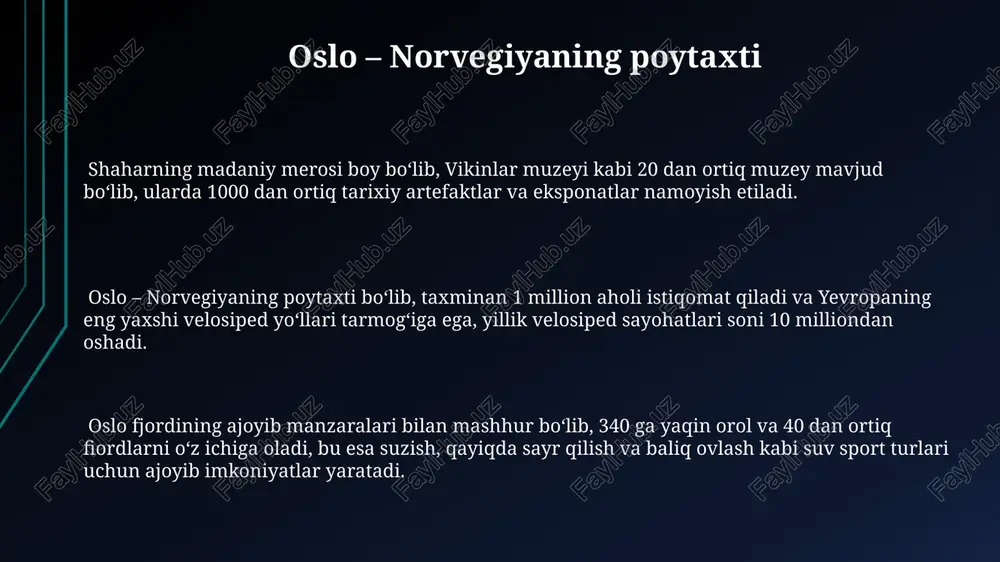 si hisoblanadi va shaharning eng mashhur ko'priklaridan biridir. nidaros sobori, trondheimning diqqatga sazovor joyi, 1070-yilda qurilgan bo'lib, norvegiya qirollarining dafn etilgan joyi hisoblanadi va yiliga 350 mingdan ortiq sayyoh tashrif buyuradi. norvegiya muzeylari va galereyalari stavanger shahridagi norvegiya neft muzeyi 1991-yilda ochilgan bo'lib, neft sanoati tarixi va texnologiyalari, dengiz platformalari modellari va interaktiv eksponatlarni namoyish etadi. norvegiya milliy galereyasi 1837-yilda tashkil etilgan bo'lib, 1600 dan ortiq norvegiyalik rassomlarning asarlari, shu jumladan edvard munkning mashhur "qichqirig'i" asarini o'z ichiga oladi. bergen shahridagi hanseatic muzeyi 17-asrga oid 17 ta tarixiy yog'och uylarni o'z ichiga oladi va bu davrda savdo va shahar hayoti haqida qimmatli ma'lumotlar beradi. aktiv dam olish turlari norvegiya fjordlarida dengiz baliq ovlash, masalan, cod, haddock va saithe kabi baliq turlarini o'z ichiga oladi, yillik baliq ovlash kvotalari va litsenziyalari mavjud. qishki baliq ovlash, muz ostida baliq ovlashni o'z ichiga oladi, bu esa maxsus uskunalar va tajriba talab qiladi, bu …