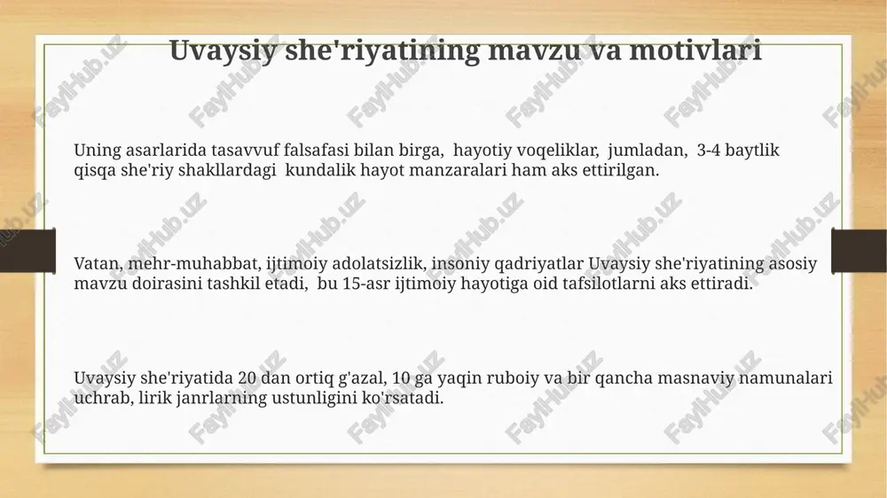 boyligi bilan ajralib turadi. uvaysiy g'azallarida vatanparvarlik, ishq-muhabbat mavzulari ustun bo'lsa, nodira ijodida ijtimoiy adolatsizlikka qarshi norozilik, ayollar huquqlari kabi murakkabroq tematikaga duch kelamiz. e'tiboringiz uchun rahmat @taqdimot_robot image3.png image4.png