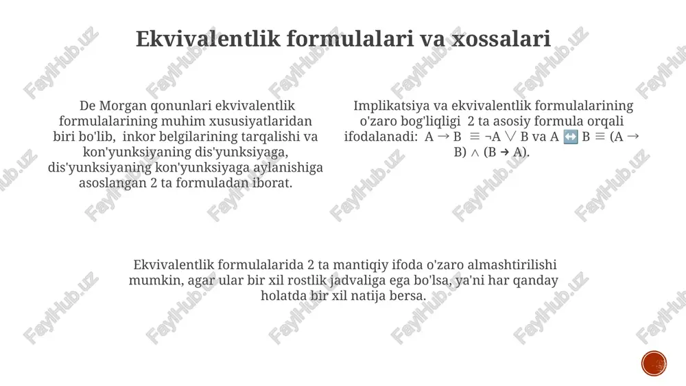 i, har biri oʻziga xos haqiqat jadvaliga ega. o'zgaruvchilar va predikatlar o'zgaruvchilar va predikatlar noravshan mantig'ining asosiy qurilish bloklari hisoblanadi, ular formula va teoremalarni yaratish uchun birlashtiriladi, ularning birikmalari murakkab bayonotlarni ifodalaydi. noravshan mantig'ida 2 ta asosiy o'zgaruvchi tipi mavjud: individual o'zgaruvchilar (x, y, z kabi) va predikat o'zgaruvchilari (p, q, r kabi), ular mos ravishda individual obyektlar va munosabatlarni ifodalaydi. predikatlar 1 dan n gacha argumentlarga ega bo'lishi mumkin, bu ularning argumentlar sonini belgilaydi; masalan, bir joyli predikatlar (misol: "x qizil") va ikki joyli predikatlar ("x y dan katta"). diziunktsiya formulalari va xossalari diziunktsiya formulalarining asosiy xossalaridan biri kommutativlik bo'lib, a∨b ≡ b∨a tenglamasida ifodalanadi, ya'ni argumentlar o'rnini almashtirish natijaga ta'sir qilmaydi. diziunktsiya formulalarida neytral element mavjud bo'lib, u 0 (yolg'on) hisoblanadi. a∨0 ≡ a tengligi bu elementning xossasini ifodalaydi. diziunktsiya formulalarida assotsiativlik qonuni amal qiladi: (a∨b)∨c ≡ a∨(b∨c). bu uchta yoki undan ortiq argumentlarni guruhlash tartibining ahamiyatsizligini ko'rsatadi. …