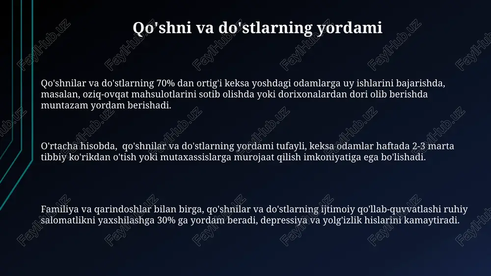dizaynga ega mebellar, masalan, o'rindiqlarning balandligi va qo'llab-quvvatlash tizimlari, umurtqa pog'onasiga tushadigan bosimni 20% gacha kamaytirishi mumkin, bu orqa og'rig'idan aziyat chekuvchilar uchun foydalidir. ko'taruvchi kreslolar va zinapoyadan ko'tarilish vositalari kabi yordamchi qurilmalar 65 yoshdan oshgan odamlarning 15% ga yaqinida harakatlanish qobiliyatini sezilarli darajada yaxshilaydi. uyni qulaylashtirish vositalari orasida, 30% dan ortiq foydalanuvchilar smart uy texnologiyalaridan, masalan, yorug'likni boshqarish tizimlari yoki aqlli termostatlardan foydalanishini ko'rsatadigan tadqiqotlar mavjud. ijtimoiy xizmatlar ijtimoiy xizmatlar qariyalar va nogironlarga uyda 24/7 yordam, shu jumladan tibbiy yordam va reabilitatsiya xizmatlarini taqdim etishi mumkin, bu ularning mustaqil yashash sifatini sezilarli darajada yaxshilaydi. ijtimoiy xizmatlar doirasida bolalarni himoya qilish bo'yicha 5 ta asosiy dastur amalga oshirilmoqda, ularning har biri bolalarni zo'ravonlik va ekspluatatsiyadan himoya qilishga qaratilgan. oilaviy zo'ravonlik yoki boshqa ijtimoiy muammolarga duch kelgan 100 dan ortiq oilaga ijtimoiy xizmatlar orqali psixologik va huquqiy yordam ko'rsatilgan. xavfsizlik tizimlari uy xavfsizlik tizimlari o'rtacha 20-30% gacha uy egalarining sug'urta to'lovlarini …