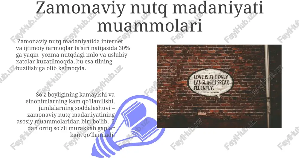ir-biri bilan oʻzaro ta'siri natijasida yuzlab grammatik shakllar yuzaga keladi va ular nutqning murakkabligini belgilaydi. nutq madaniyatining asosiy tamoyillari samarali nutq madaniyati 5 ta asosiy komponentni o'z ichiga oladi: tilning to'g'riligi, boyligi, ifodaliligi, tushunarliligi va tinglovchilarga moslashganligi. nutq madaniyatida axloqiy me'yorlar muhim o'rin tutadi. masalan, hurmat, odob-axloq qoidalari va 3 ta asosiy kommunikativ funksiya (axborot, ta'sir, emotsional) bir-biriga mos kelishi kerak. nutqning stilistik xususiyatlari 01 02 nutqning stilistik xususiyatlarini o'rganishda 3 ta asosiy parametr: leksik boylik (kamida 500 ta so'z), sintaktik tuzilmalarning xilma-xilligi (5 dan ortiq tur) va obrazli ifodalar foiz nisbati (20% dan yuqori) muhim ahamiyatga ega. sales 1st qtr 2nd qtr 100 0 sales 1st qtr 2nd qtr 100 0 e'tiboringiz uchun rahmat @taqdimot_robot image4.jpg image5.jpg image6.jpg image7.jpg image8.jpg image9.jpg image10.jpg image11.jpg image12.jpg image13.jpg image14.jpg image15.jpg image1.jpeg image2.jpeg image3.jpeg