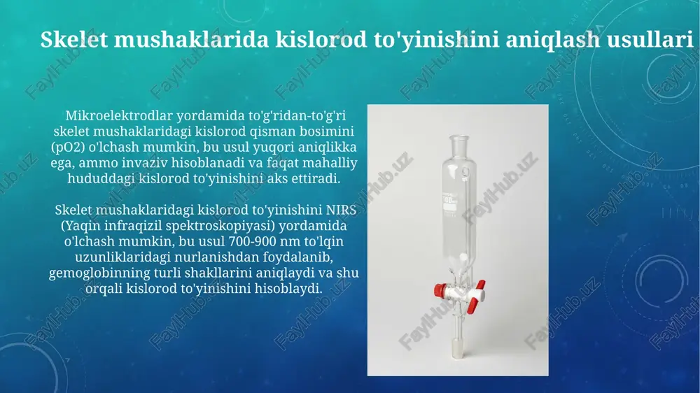 uqori aniqlikni ta'minlaydi, lekin murakkab va chegirma majburiy bo'lishi mumkin. kelajakdagi yo'nalishlar va yangi texnologiyalar sun'iy intellekt algoritmlari va mashinaviy o'rganish yordamida to'qimadagi kislorod to'yinishini turli parametrlar bo'yicha (yurak urishi, qon bosimi va h.k.) 95% gacha aniqlik bilan bashorat qilish tizimlari yaratilishi mumkin. to'qimalarning kislorod to'yinishini aniqlashda optik tolali spektroskopiya kabi 3d tasvirlash texnologiyalarining qo'llanilishi aniqlikni 10-20% ga oshirishi va invaziv bo'lmagan usullarni rivojlantirishga olib kelishi mumkin. nirs (yaqin infraqizil spektroskopiya): texnologiya va qo'llanilishi yaqin infraqizil spektroskopiyasi (nirs) 700-900 nm to'lqin uzunliklaridagi yorug'likdan foydalanib, to'qimalardagi oksigenatsiyani o'lchaydi, bu esa gemoglobinning turli xususiyatlarini aniqlash imkonini beradi. nirs texnologiyasi portativ va invaziv bo'lmaganligi sababli, neonatal va kattalar bemorlarida, shu jumladan, miya va mushak to'qimalarida real vaqt rejimida monitoring qilish uchun qo'llaniladi. miyada kislorod to'yinishini aniqlash usullari elektroxlorometrik usul yordamida, to'qima suyuqligidagi kislorod miqdorini elektrodlar yordamida o'lchash orqali taxminiy to'qima kislorod to'yinishi darajasini aniqlash mumkin, bu 0 dan 100% gacha bo'lgan qiymatlarni beradi. …