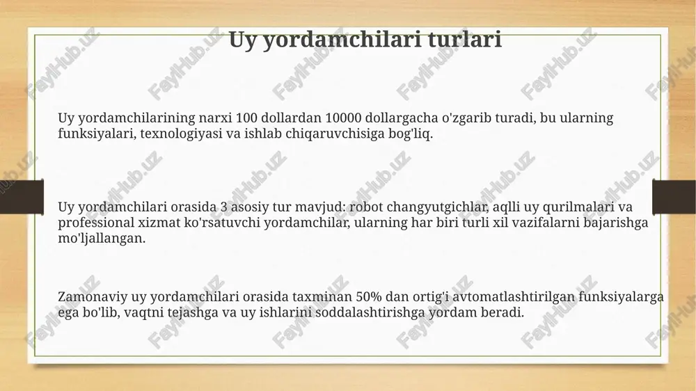 5 yulduzli reytingga ega bo'lgan mahsulotlarga ustunlik bering va kamida 100 ta sharhni tahlil qiling. byudjetni aniqlang va narx oralig'ini 20% ga oshirishni rejalashtiring, chunki kutilmagan xarajatlar yuzaga kelishi mumkin va narx sifati muvozanatini toping. uy jihozlarining roli oshxona texnikasi (gaz plitalari, mikroto'lqinli pechlar, oziq-ovqat protsessorlari) oziq-ovqat tayyorlash jarayonini 2-3 marta tezlashtiradi va oila byudjetini tejashga yordam beradi. tozalash texnikasi (changyutgichlar, kir yuvish mashinalari) uyni tozalash vaqtiga 40% gacha tejash imkonini beradi, bu esa odamlarga bo'sh vaqtini samaraliroq ishlatishga yordam beradi. uy jihozlarining zamonaviy turlari 30% ga yaqin vaqtni tejashga, shuningdek, uy ishlariga sarflanadigan energiyani 15-20% ga kamaytirishga yordam beradi. kelajakdagi istiqbollar uy yordamchilari robotlarining kichik va ixcham modellari paydo boʻlib, narxi arzonlashadi va 2030 yilga kelib deyarli har bir oilada mavjud boʻlishi mumkin. biometrik xavfsizlik tizimlari va bulutli texnologiyalar yordamida uy yordamchilarining xavfsizligi va shaxsiy ma'lumotlar himoyasi 99% ga oshadi. kelajakda uy yordamchilari sun'iy intellektga asoslangan boʻlib, uy ishlarini …