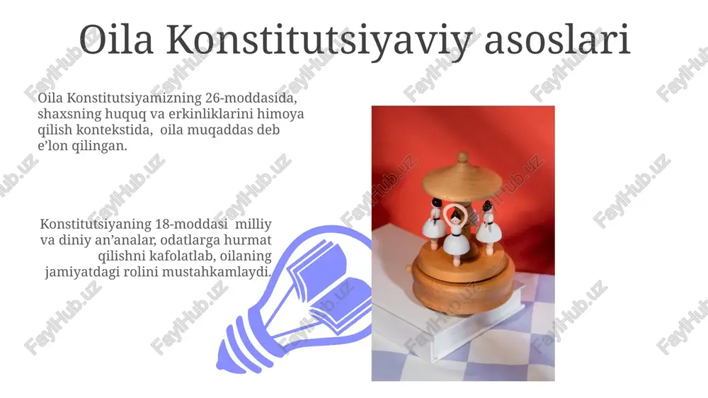 qni tashkil etadi. oila qonunchiligi va konstitutsiya konstitutsiyaning 63-moddasi, fuqarolarning teng huquq va erkinliklariga kafolat berib, oilaviy munosabatlardagi jinsiy tenglik tamoyilini mustahkamlaydi. oila qonunchiligining 1992-yilgi konstitutsiyada mustahkamlangan 26-moddasi, nikoh va oilaga oid munosabatlarni tartibga soluvchi qonunlarning asosiy tamoyillarini belgilaydi. konstitutsiyaviy huquqlar va oila konstitutsiyada belgilangan fuqarolarning shaxsiy daxlsizligi va xususiy hayotga bo'lgan huquqi (23-modda) oilaning ichki ishlariga davlat aralashuvidan himoya qilishni ta'minlaydi. oila a'zolarining konstitutsiyaviy huquqlari, jumladan, 26-moddada ifodalangan teng huquqlar va erkinliklar, oilaviy munosabatlarni tartibga soluvchi muhim qoidalarni o'z ichiga oladi. oila mustahkamligi va konstitutsiya 01 02 oila mustahkamligi o'zbekiston respublikasi konstitutsiyasining 63-moddasida, nikoh va oilaning himoya qilinishiga bag'ishlangan qoidalar bilan mustahkamlanadi. sales 1st qtr 2nd qtr 100 0 sales 1st qtr 2nd qtr 100 0 oila a'zolarining teng huquqliligi oila a'zolarining teng huquqliligi printsipi, jinsi, millati, diniy e’tiqodi, ijtimoiy kelib chiqishi va boshqa holatlaridan qat’i nazar, barcha a'zolarga teng darajada huquq va majburiyatlarni taqdim etishni nazarda tutadi, bu …