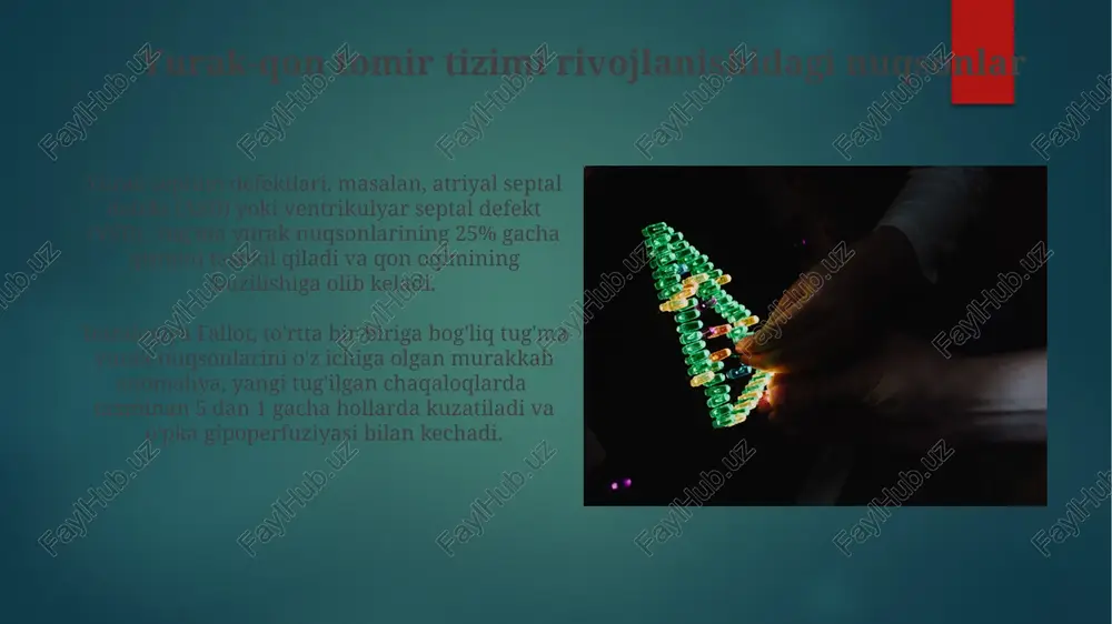 g rivojlanishi genetik dasturlar va hujayralararo o'zaro ta'sirlarga bog'liq. nafa qilish tizimi rivojlanishidagi nuqsonlar nafaqa qilish tizimining noto'g'ri rivojlanishi natijasida 1:5000 chaqaloqlarda buyrak atreziyasi va boshqa jiddiy anomaliyalar kuzatiladi. hox urug'lanish davrida, hox homiladorlikning birinchi trimestrida yuz beradigan genetik defektdan kelib chiqqan holda, nefronlar sonining kamayishi 50% gacha yetishi mumkin. nerv tizimi rivojlanishidagi nuqsonlar anensefaliya va spina bifida kabi og'ir tug'ma nuqsonlarning rivojlanishida folik kislotasi yetishmovchiligi va genetik omillar o'zaro ta'sirining muhim roli bor, bu esa 1000 tug'ilishda taxminan 3 holatni tashkil etadi. mikrosefaliyaning 30% dan ortig'i genetik sabablarga, jumladan, 7-xromosomaning mikrodeletiyalari va trisomiyalarga bog'liq bo'lib, bu miya hajmining sezilarli darajada kamayishiga olib keladi. embrion rivojlanishidagi filogenetik nuqsonlar embrionning 3-8 haftalik davrida sodir bo'lgan filogenetik nuqsonlar, ayniqsa, markaziy asab tizimi va yurak-qon tomir tizimining rivojlanishiga jiddiy ta'sir qiladi, og'ir malformatsiyalarni keltirib chiqaradi. evolyutsion jihatdan eski genlarning funktsional nuqsonlari (masalan, hox genlari) odam embrionining segmentatsiyasi va organogenez jarayonlarini buzadi, bu esa …