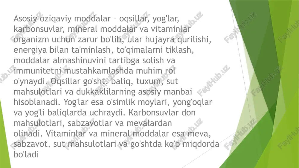 lar inson salomatligi uchun juda muhim, chunki ular tananing o'sishi, rivojlanishi va kundalik faoliyatini ta'minlaydigan energiya manbai hisoblanadi. har bir ozuqaviy modda, jumladan uglevodlar, oqsillar, yog'lar, vitaminlar va minerallar, o'ziga xos funksiyani bajaradi. ularning yetarli miqdorda va muvozanatli iste'moli kasalliklarning oldini olish, immunitetni mustahkamlash va umumiy salomatlikni yaxshilashga yordam beradi. e’tiboringiz uchun rahmat image1.jpg image2.jpg image3.jpg image4.jpg image5.jpg image6.jpg /docprops/thumbnail.jpeg