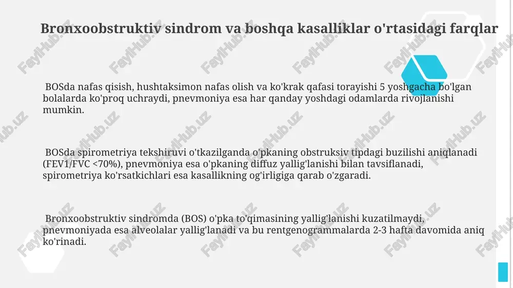 5 yoshgacha bo'lgan bolalarda tez-tez uchraydi. bronxoobstruktiv sindromda nafas olish tezligi daqiqada 40 dan ortiq, nafas olish qiyinlashuvi va ko'krak qafasi retraktsiyasi kuzatiladi, shuningdek, oksimetriya natijalari spo2 95% dan past bo'lishi mumkin. sindromning og'irligi klinik ko'rinishlariga bog'liq bo'lib, nafas olish soni, nafas qisish darajasi va charchoq darajasi bilan baholanadi. bu o'pka funksiyasining pasayishiga olib kelishi mumkin. bronxoobstruktiv sindromda differentsial diagnostika bronxoobstruktiv sindromda differentsial diagnostika, ayniqsa, 5 yoshgacha bo'lgan bolalarda, o'tkir bronxit, krup va pnevmoniyani farqlashni talab qiladi, chunki ular o'xshash klinik ko'rinishlarga ega. bronxoobstruktiv sindromning differentsial diagnostikasi astma hujumini, yurak etishmovchiligini va chetdan kelgan jismlarni nafas yo'llariga tushishini istisno qilishni o'z ichiga oladi, bu holatlar taxminan 15% hollarda uchraydi. diagnostika jarayonida, nafas olish tezligi va xirillashning zo'ravonligi, shuningdek, qon gazlari tahlili va ko'krak qafasi rentgenogrammasi kabi qo'shimcha tekshiruvlar 80% aniqlik bilan bronxoobstruktiv sindromni aniqlashga yordam beradi. e'tiboringiz uchun rahmat @taqdimot_robot