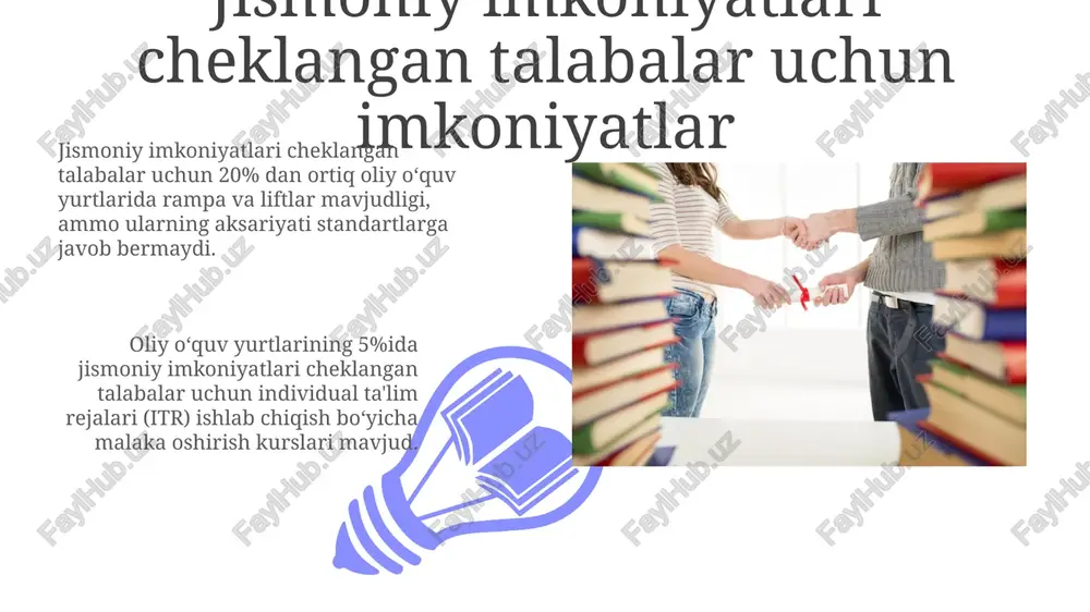yaqini elektron o'quv materiallariga, jumladan, brail shrifti va ekran o'quvchilariga ehtiyoj sezadi. o'quv jarayonida audio-vizual materiallardan foydalanish, masalan, subtitrlar va imli tarjimonlar, kamida 30% nogiron talabalar uchun kirishni ta'minlaydi. inklyuziv ta'lim siyosati va qonunchiligi oliy ta'lim muassasalarida inklyuziy ta'limni ta'minlash maqsadida kamida 10% kvotalar nogironligi boʻlgan shaxslar uchun ajratiladi, ammo bu ko'rsatkich har yili o'sib bormoqda. inklyuziv ta'lim siyosatining samaradorligini baholash uchun 5 yilda bir marta monitoring oʻtkaziladi va natijalarga koʻra, tegishli oʻzgarishlar amalga oshiriladi, shu jumladan moliyaviy resurslar taqsimoti ham. inklyuziv ta'limni amalga oshirish uchun strategiya talabalarning 80% dan ortigʻi inklyuziv muhitda oʻqishni maqbul deb hisoblashi uchun, universitetlar talabalarning ehtiyojlarini aniqlash va ularga moslashgan individual yondashuvlarni joriy etish boʻyicha samarali monitoring tizimini ishlab chiqishi lozim. inklyuziv ta'limni amalga oshirishda 5 yildan ortiq muddatga moʻljallangan strategiya, kamida 3 ta asosiy yoʻnalishni – oʻquv dasturlarini moslashtirish, texnologik imkoniyatlarni kengaytirish va oʻqituvchilarni qayta tayyorlashni oʻz ichiga olishi kerak. kelajakdagi istiqbollar va tavsiyalar …