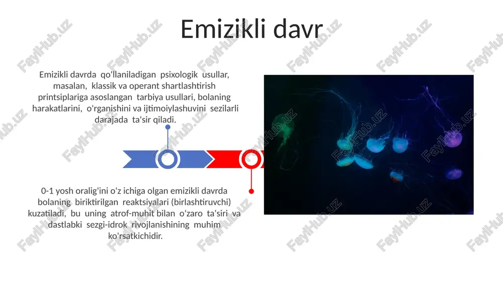 roda xususiyatlari shakllanadi, mas'uliyat hissi, intizom va o'z-o'zini boshqarish ko'nikmalari rivojlanadi; taxminan 8 yoshga kelib o'ziga ishonch kuchayadi. maktab yoshi davri yoshlik davri bu davrda identifikatsiya jarayoni faol davom etadi, o'rtacha 18 yosh atrofida shaxs o'zining qadriyatlari va hayot maqsadlarini aniqlay boshlaydi. yoshlik davri (15-22 yosh) o'ziga xos gormonal o'zgarishlar, jismoniy rivojlanishning tugallanishi va ijtimoiy rolning o'zgarishi bilan tavsiflanadi. neonatal davr neonatal davrda chaqaloqning uyqusi kuniga 16-18 soatni tashkil qiladi va rem uyqusi nisbati yuqori boʻlib, miya rivojlanishiga hissa qoʻshadi. tugʻilgandan keyingi birinchi oyda chaqaloqning ogʻirligi oʻrtacha 500-700 grammga oshadi va tana uzunligi 2-3 sm ga ortadi. bu intensiv oʻsish davri hisoblanadi. psixikaning ontogenezdagi rivojlanishining davriyligi psixikaning ontogenezdagi rivojlanishi 0-2 yosh oraligʻida sensor-motor rivojlanish bosqichi bilan tavsiflanadi, bu davrda asosiy psixik jarayonlar, masalan, idrok va e'tibor shakllanadi. oʻsmirlik davri (12-18 yosh) formal operatsiyalar bosqichi bilan belgilanib, mavhum fikrlash, mustaqil mulohaza yuritish va oʻziga xos oʻsmirlik xususiyatlari paydo boʻladi. e'tiboringiz uchun …