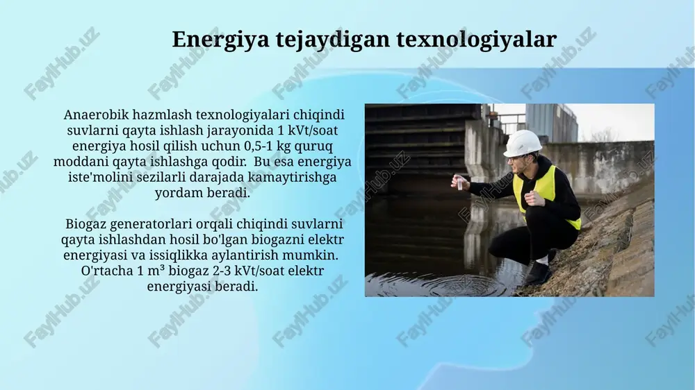 aradorlik bilan ajratiladi, bu esa 1 m³ suv uchun 0,5-1 m³ havo sarfini talab qiladi. kimyoviy oksidlanish jarayonida, masalan, xlor yordamida, suvda mavjud boʻlgan organik ifloslantiruvchi moddalar 80-95% gacha yoʻq qilinadi, bu esa bakterial ifloslanishni sezilarli darajada kamaytiradi. oqava suvlarning tarkibi va xususiyatlari oqava suvlarning tarkibi o'zgaruvchan bo'lib, 95-99% suvdan, qolgan qismi esa organik moddalar (bod 100-500 mg/l), inorganik moddalar (nitratlar, fosfatlar), suspenziyalar va patogen mikroorganizmlardan iborat. oqava suvlarning tarkibiga 1000 mg/l gacha erigan qattiq moddalar, turli xil metallar (mis, rux, temir), va toksik moddalar(masalan, fenollar) kirib kelishi mumkin, bu esa tozalash jarayonini murakkablashtiradi. tozalash inshootlarining turlari tozalash inshootlarining asosiy turlari orasida 3 ta asosiy guruh ajratiladi: mexanik, biologik va kimyoviy tozalash, har biri suvning ifloslanish darajasiga qarab qo'llaniladi. biologik tozalash inshootlari aeratsiya havzalari, biofiltrlar va faol loyli havzalar kabi 5 dan ortiq turga ega bo'lib, ularning samaradorligi 90% gacha etadi. e'tiboringiz uchun rahmat @taqdimot_robot image2.jpg image3.jpg image4.jpg image5.jpg image6.jpg …