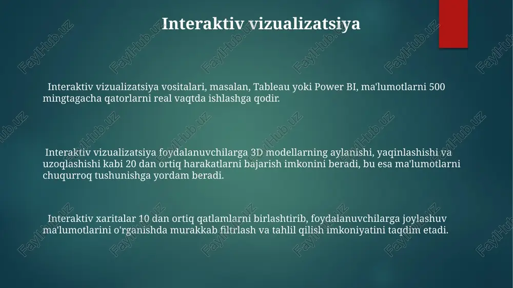 a'minotlardan foydalanish zarur. grafiklar va diagrammalar to'g'ri tanlangan grafik turi ma'lumotlarning 80% gacha qismini aniq va tushunarli tarzda etkazishga yordam beradi, tahlilni soddalashtiradi va xulosalar chiqarishni tezlashtiradi. differentsial grafiklar va o'zgarishlarni aks ettiruvchi diagrammalar dinamik jarayonlarni 10 dan ortiq kuzatish nuqtalari bilan taqdim etib, vaqt o'tishi bilan yuz berayotgan o'zgarishlarni aniq ko'rsatadi. grafiklar va diagrammalar ma'lumotlarni 2 o'lchamli va 3 o'lchamli ko'rinishda, masalan, ustun diagrammalari yoki tarqalish diagrammalari yordamida samarali vizualizatsiya qilish imkonini beradi. vizualizatsiya vositalari interaktiv infografikalar, xaritalar va boshqa vizualizatsiya vositalarini yaratish uchun python kabi dasturlash tillari va matplotlib, seaborn kabi kutubxonalar keng qoʻllanilmoqda. vizualizatsiya vositalari orasida 2d va 3d grafiklarni yaratish imkoniyatini beradigan 10 dan ortiq turli xil dasturiy ta’minotlar mavjud boʻlib, ularning har biri oʻziga xos xususiyatlarga ega. ma’lumotlarni vizualizatsiya qilish uchun ishlatiladigan vositalar soni 2023 yilda 50% ga oshgan boʻlib, bu sohaning jadal rivojlanishini koʻrsatadi. lineer dasturlash chiziqli dasturlash muammolarini hal qilishda grafik usul 2 …