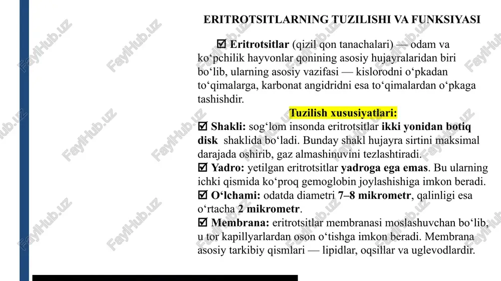 gʻlanadi, bu chaqaloqlarga tugʻilgandan keyin kerakli kislorodni samarali tarzda olish imkonini beradi.  hbfning tarkibi ikki alfa va ikki gamma globulin zanjiridan iborat. 3. gemoglobin a2 (hba2) – kattalarda kam miqdorda uchraydigan gemoglobin turidir (taxminan 2-3%). hba2 ikki alfa va ikki delta globulin zanjiridan tashkil topgan boʻlib, u oʻpkada kislorod tashish jarayonida ishtirok etadi. 4. gemoglobin s (hbs) – bu gemoglobinning mutatsiyalangan shaklidir.  hbsning mavjudligi qizil qon hujayralarining anormal shaklda boʻlishiga olib keladi.  hbsning mutatsiyalangan shakli sakkizburchak shaklidagi eritrotsitlarni hosil qiladi, bu esa qonning normal aylanib yurishiga xalaqit beradi va kislorod tashish qobiliyatini pasaytiradi.  hbs gemoglobini sickle hujayra anemiyasiga olib kelishi mumkin. gemoglobin bilan bog‘liq asosiy kasalliklar 1. anemiyalar (kamqonlik) bu gemoglobin miqdorining pasayishi bilan kechadigan holat. eng keng tarqalgan gemoglobin bilan bog‘liq kasallik. ➤ turlari: a) temir tanqisligi anemiyasi - eng ko‘p uchraydigan tur. - sababi: temir yetishmovchiligi → gem sintezi buziladi. - belgilari: holsizlik, bosh …