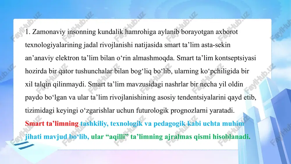 asi bo‘lib, u aqlli axborot texnologiyalaridan foydalanish orqali ta’lim jarayonini mos ravishda amalga oshirishni ko‘zda tutadi. aqliy ta’lim paradigmasini amalga oshirilishi o‘zgaruvchan ijtimoiy, iqtisodiy va texnologik muhit bilan egiluvchan va moslanuvchan ta’sir o‘tkazish uchun zarur bo‘lgan bilim, ko‘nikma va kompetentlikni olish uchun o‘qitish va ta’lim jarayonini shaklantirishga qaratilganligini belgilash maqsadga muvofiqdir. ushbu komponentalarga aqlli ta’lim o‘lchovlari deb nom berilgan. aqlli ta’lim o‘lchovlari qatoriga: texnologik, tashkiliy, pedagogik kabi uchta o‘lchovni kiritish mumkin. shakllanayotgan smart - ta’lim tizimi o‘zining universalligi bilan: -kunduzgi tizimda - talabalarning mustaqil ishlarini sifatli va samarali tashkil etishda; -masofali o‘qitishda - ishlayotgan talabalarga bilim berishda; -mutaxasisslarning malakalarini oshirishda; -aholining umumiy norasmiy ta’lim tizimida muvaffaqiyatli foydalanilishi mumkin. e`tiboringiz uchun raxmat !!! image1.jpeg image2.png image3.png image4.png image5.png image6.png image7.png image8.jpeg image9.jpeg image10.jpeg image11.png image12.jpeg image13.png image14.png image15.png image16.png image17.png /docprops/thumbnail.jpeg