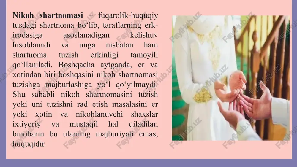 oslar va tartibda sudning hal qiluv qarori bilan o‘zgartirilishi yoki bekor qilinishi mumkin. xulosa nikoh shartnomasi — oiladagi moliyaviy va mulkiy munosabatlarni tartibga soluvchi muhim hujjatdir. uni tuzish tartibi oddiy, lekin puxta o‘ylab va o‘zaro ishonch asosida bajarilishi kerak. bunday hujjat ajralish, nizolar, mulk talashuvi kabi salbiy holatlarning oldini olishga xizmat qiladi. e`tiboringiz uchun raxmat !!! image5.png image6.png image11.svg image7.png image13.svg image8.png image15.svg image9.jpeg image1.png image2.svg image2.png image4.svg image3.png image6.svg image4.png image8.svg image11.png image29.svg image12.jpeg image10.png image21.svg image13.jpeg image14.png image56.svg image15.jpeg image16.jpeg image17.jpeg image18.jpeg image19.jpeg image20.jpeg image21.png image39.svg /docprops/thumbnail.jpeg