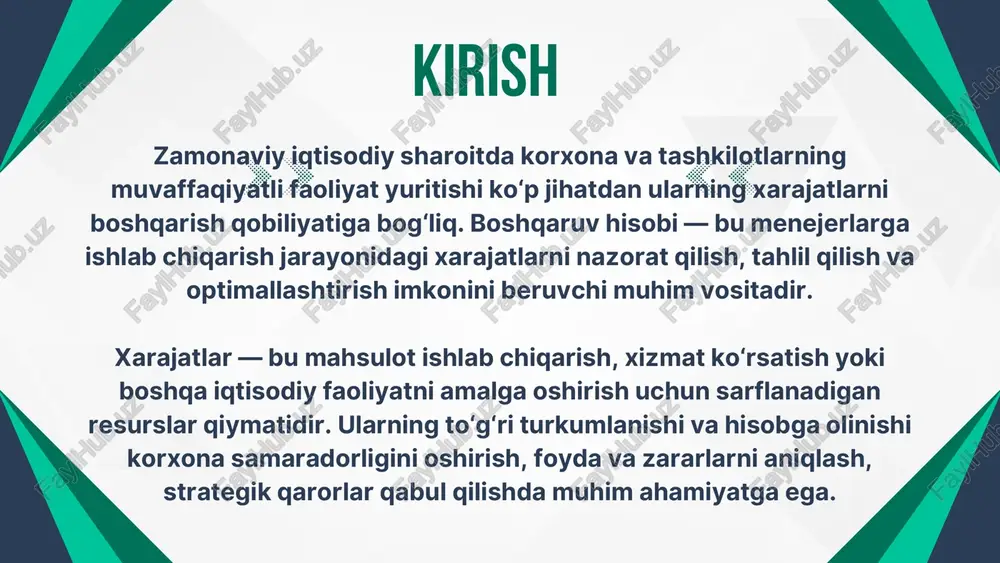 boshqa xarajatlar: transport, aloqa, xizmat ko‘rsatish, ta’mirlash va boshqa yordamchi faoliyatlar bilan bog‘liq sarflar. 📌 2. hisobga olish usuliga ko‘ra: - bevosita xarajatlar: mahsulot ishlab chiqarishga to‘g‘ridan-to‘g‘ri bog‘liq bo‘lgan xarajatlar (masalan, xomashyo, asosiy ish haqi). - bilvosita xarajatlar: ishlab chiqarish jarayonini umumiy qo‘llab-quvvatlovchi xarajatlar (masalan, elektr energiyasi, boshqaruv xarajatlari). 📌 3. ishlab chiqarish hajmiga bog‘liqligiga ko‘ra: - o‘zgaruvchan xarajatlar: ishlab chiqarish hajmi ortishi bilan o‘sadi (masalan, materiallar, yoqilg‘i). - doimiy xarajatlar: ishlab chiqarish hajmiga bog‘liq bo‘lmagan, muntazam ravishda yuzaga keladigan xarajatlar (masalan, ijara, amortizatsiya). 📌 4. mahsulot turlariga ko‘ra: - har bir mahsulot turi uchun alohida xarajatlar aniqlanadi, bu esa mahsulot tannarxini aniq hisoblash imkonini beradi. shunday qilib, ishlab chiqarish xarajatlarini turkumlash orqali korxona o‘z faoliyatini tahlil qiladi, tejamkorlikni ta’minlaydi va raqobatbardosh mahsulot ishlab chiqarishga zamin yaratadi. 3️⃣ asosiy va yordamchi ishlab chiqarish xarajatlarini hisobga olish ishlab chiqarish jarayoni murakkab va ko‘p bosqichli bo‘lib, unda turli xil xarajatlar yuzaga keladi. …