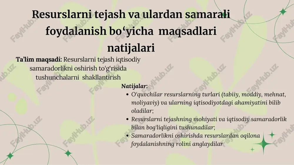 irish samaradorlikni oshirish va isrofgarchilikni kamaytirish faqat foyda olish 5. “qayta tiklanadigan resurs” tushunchasiga qaysi misol to‘g‘ri keladi? neft ko‘mir quyosh energiyasi gaz 6. qaysi texnologiya resurslarni tejashga yordam beradi? eski, qo‘lda boshqariladiga n mashinalar energiya tejovchi uskunalar yuqori energiya sarflaydigan qurilmalar isrofgarchilikka olib keluvchi tizimlar 7. resurslarni tejashda insonning qanday fazilati muhim? tejamkorlik va mas’uliyatlilik beparvolik isrofgarchilik dangasalik 9. respublikamizdagi neft va gaz konlarining eng ko`pi qayerda joylashgan? farg`ona vodiysi buxoro-xiva oralig`i ustyurt surxondaryo 10. olmaliqdagi tog`-metallurgiya kombinati nima eritishga ixtisoslashgan? tabiatga zarar yetkazish iqtisodiy barqarorlik va ekologik muvozanatni saqlash ishlab chiqarishni kamaytirish xarajatlarni oshirish