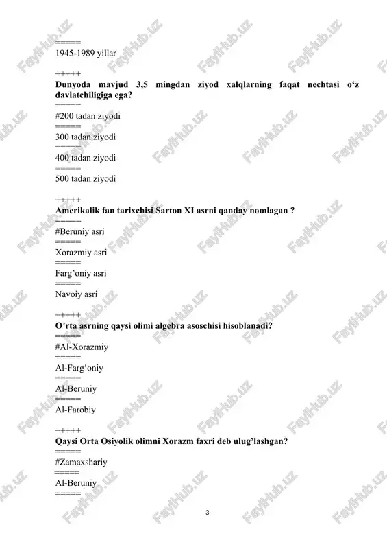 ay ===== 1991 yil 24 aprel +++++ o’zbekiston respublikasining mustaqillik deklaratsiyasi necha moddadan iborat? ===== #12 modda ===== 128 modda ===== 17 modda ===== 36 modda +++++ mustaqil o’zbekiston respublikasida birinchi muqobil prezidentlik saylovlari qachon bo’lib o’tgan edi? ===== #1991 yil 29 dekabrda ===== 1991 yil 31 avgustda ===== 1990 yil 24 martda ===== 1991 yil 2 martda +++++ “o’zbekiston respublikasining davlat mustaqilligi asoslari to’g’risida”gi qonuni necha moddadan iborat? ===== #17 ===== 46 ===== 24 ===== 36 +++++ o’zbekistonda “o’zbek tiliga davlat tili maqomini berish to’g’risida”gi qonun qachon qabul qilingan edi? ===== #1989 yil 21 oktyabrda ===== 1990 yil 20 iyunda ===== 1990 yil 18 noyabrda ===== 1990 yil 24 martda +++++ o’zbekistonda ikki palatali parlament tashkil etish masalasi boyicha referendum qachon o’tkazilgan edi? ===== #2002 yil 27 yanvarda ===== 2006 yil 17 dekabr ===== 2000 yil 7 yanvar ===== 2000 yil 7 martda +++++ o’zbekiston liberal-demokratik partiyasining nashrini toping. …